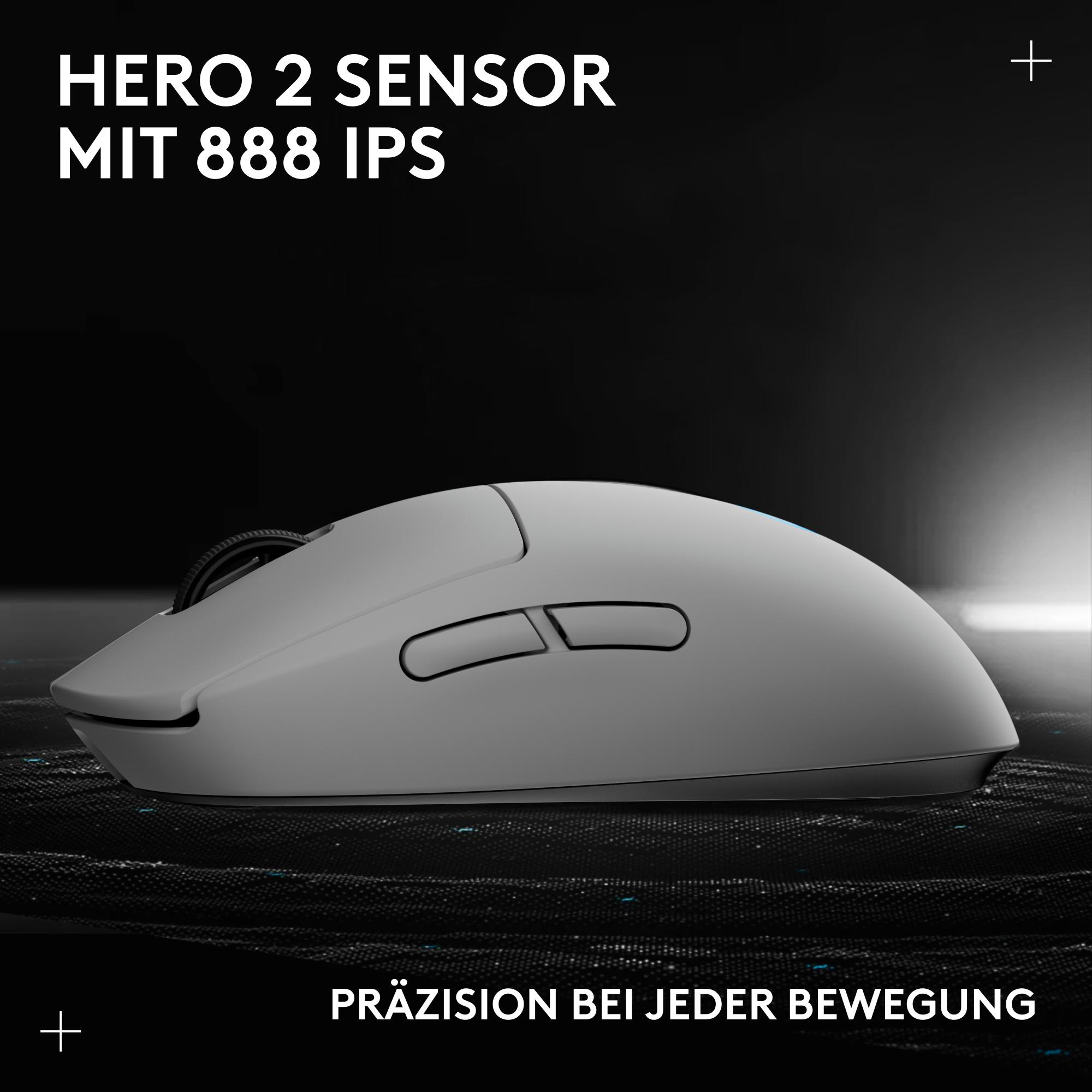 Eine graue Computermaus mit zwei Tasten wird angezeigt. Oben steht 'HERO 2 SENSOR MIT 888 IPS'.
