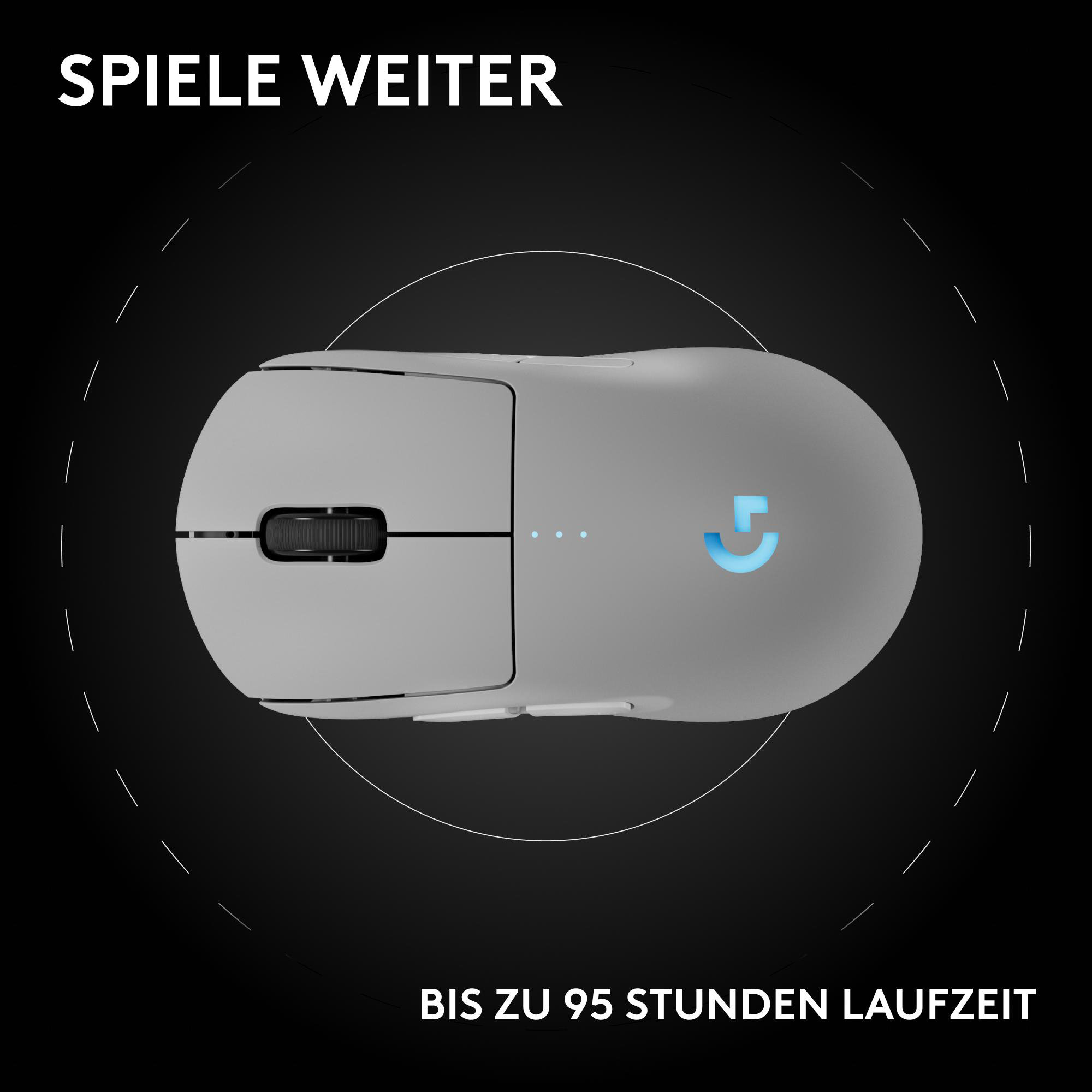 Graue kabellose Maus mit Logitech-Logo. Text oben: 'Spiele weiter', unten: 'Bis zu 95 Stunden Laufzeit'.