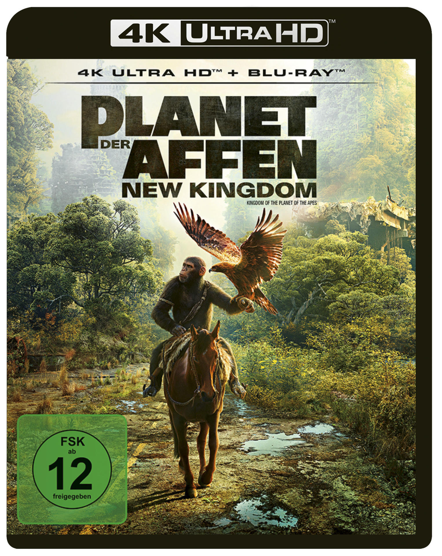 Ein Affe reitet auf einem Pferd, ein Falke fliegt in der Nähe. Der Titel 'Planet der Affen: New Kingdom' steht oben.