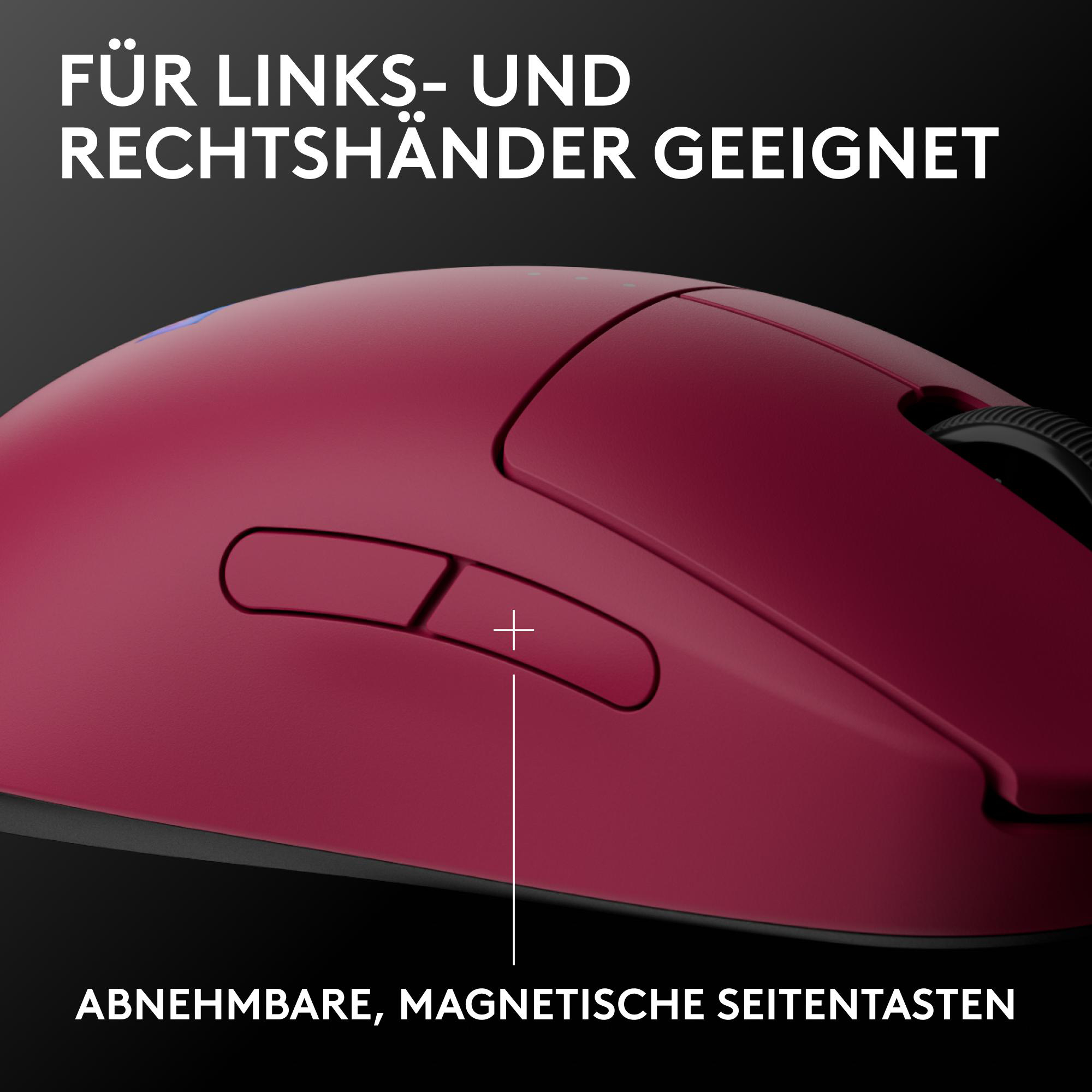 Eine rote Maus wird gezeigt. Text: 'Geeignet für Links- und Rechtshänder'. Magnetische Seitentasten sind verfügbar.