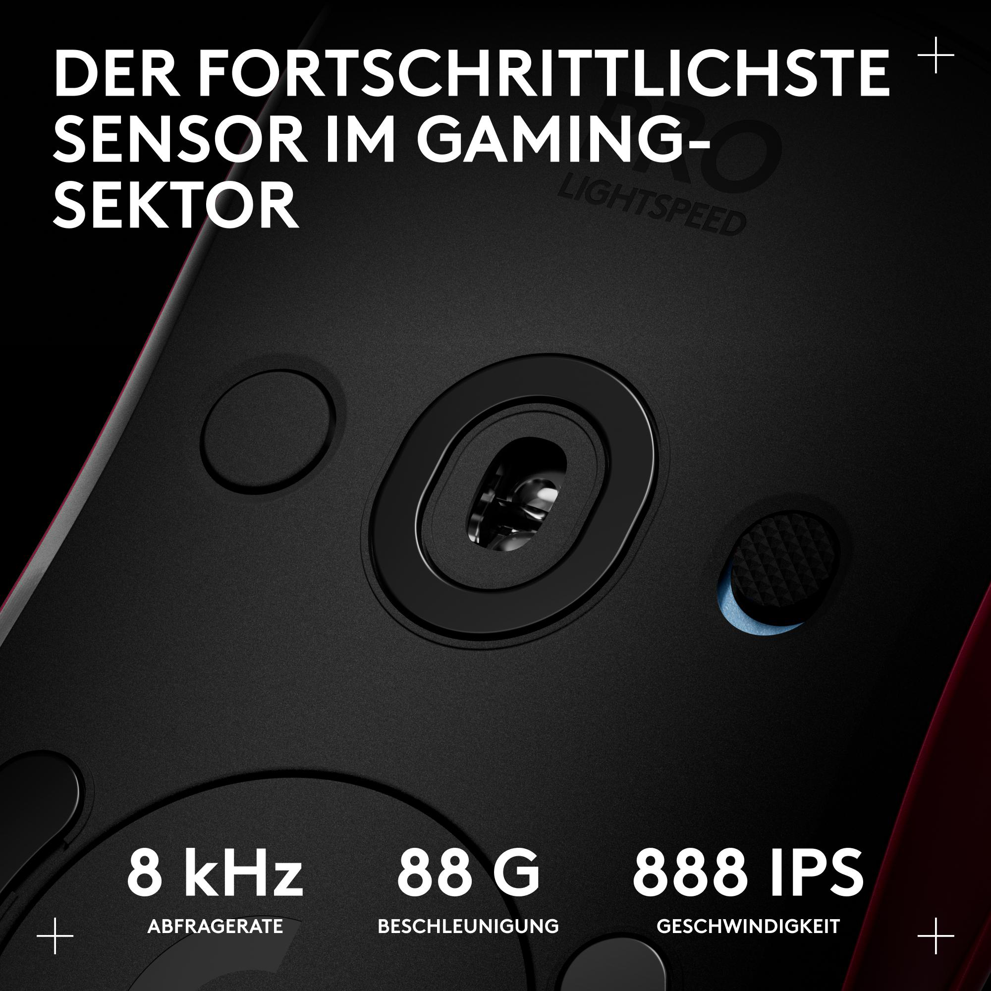 Schwarze Gaming-Maus mit Text: Sensor, 8 kHz, 88 G, 888 IPS. Weißer Text auf schwarzem Grund.