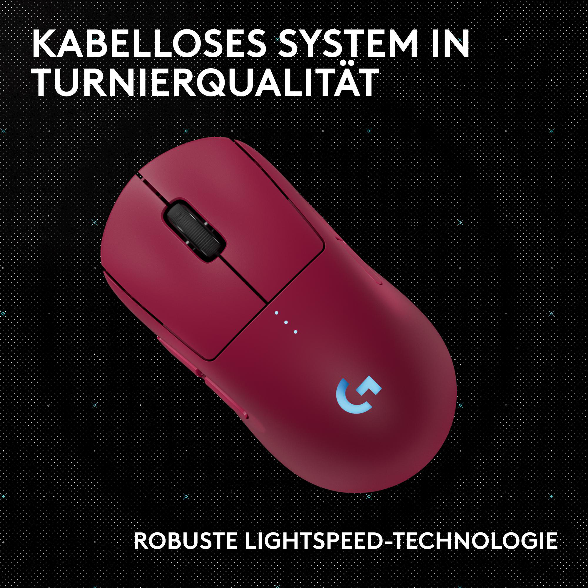 Eine weinrote kabellose Maus auf schwarzem Hintergrund, Text lautet "KABELLOSES SYSTEM IN TURNIERQUALITÄT" und "ROBUSTE LIGHTSPEED-TECHNOLOGIE".