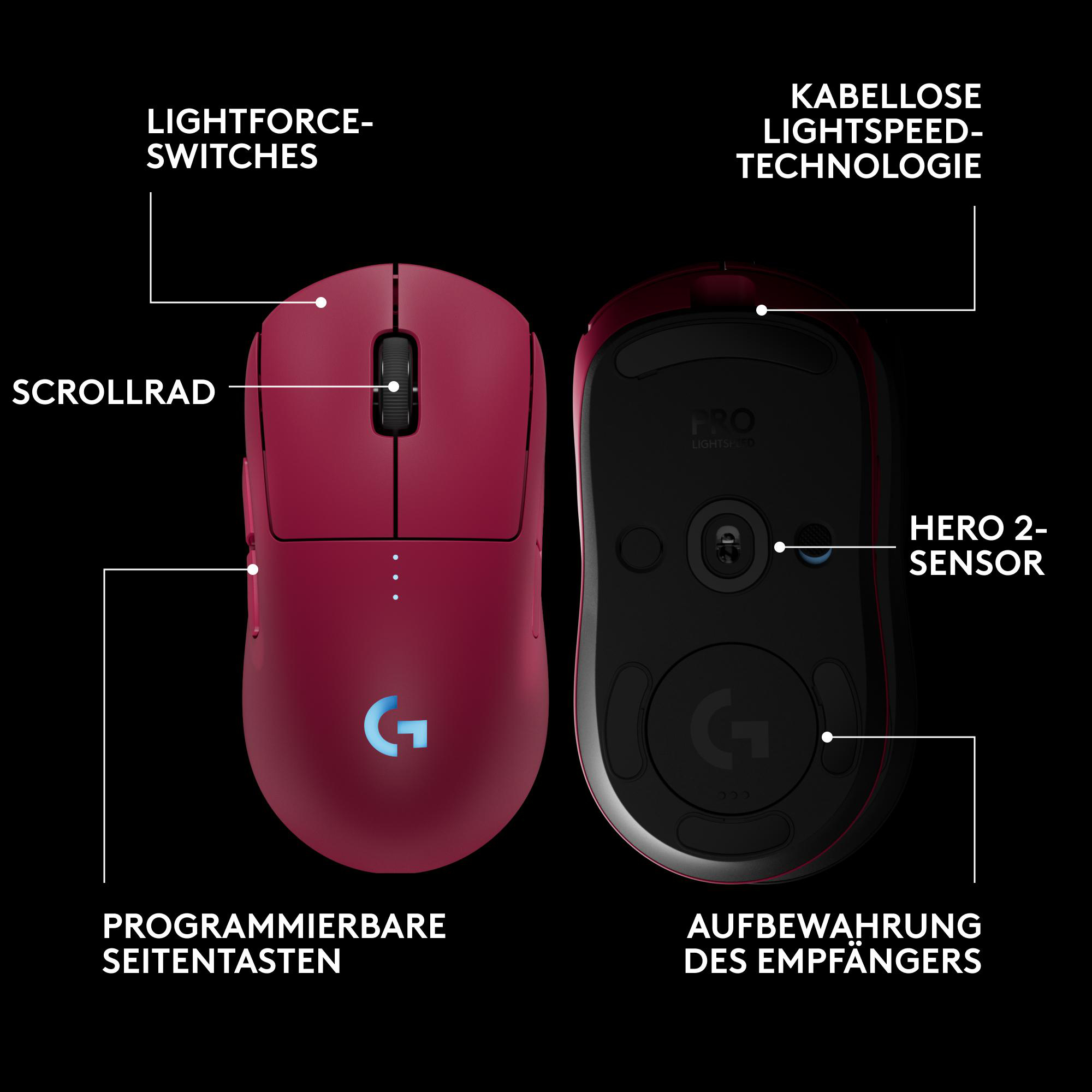 Eine rote und schwarze Gaming-Maus mit Beschriftungen, die auf Funktionen wie Schalter, Sensor und Scrollrad zeigen, auf schwarzem Hintergrund.
