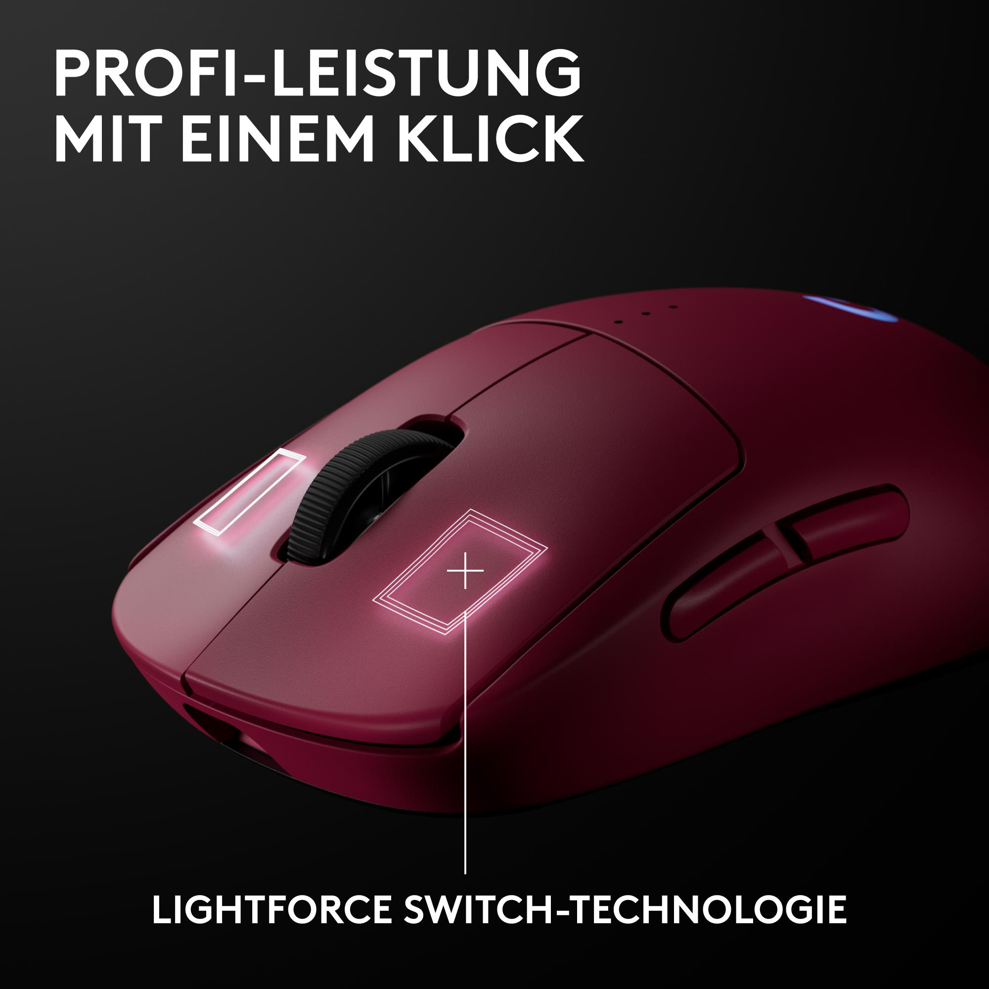 Eine weinrote drahtlose Maus mit leuchtenden Anzeigen, einem Scrollrad und einem Pluszeichen. Der Text lautet "LIGHTFORCE SWITCH-TECHNOLOGIE".