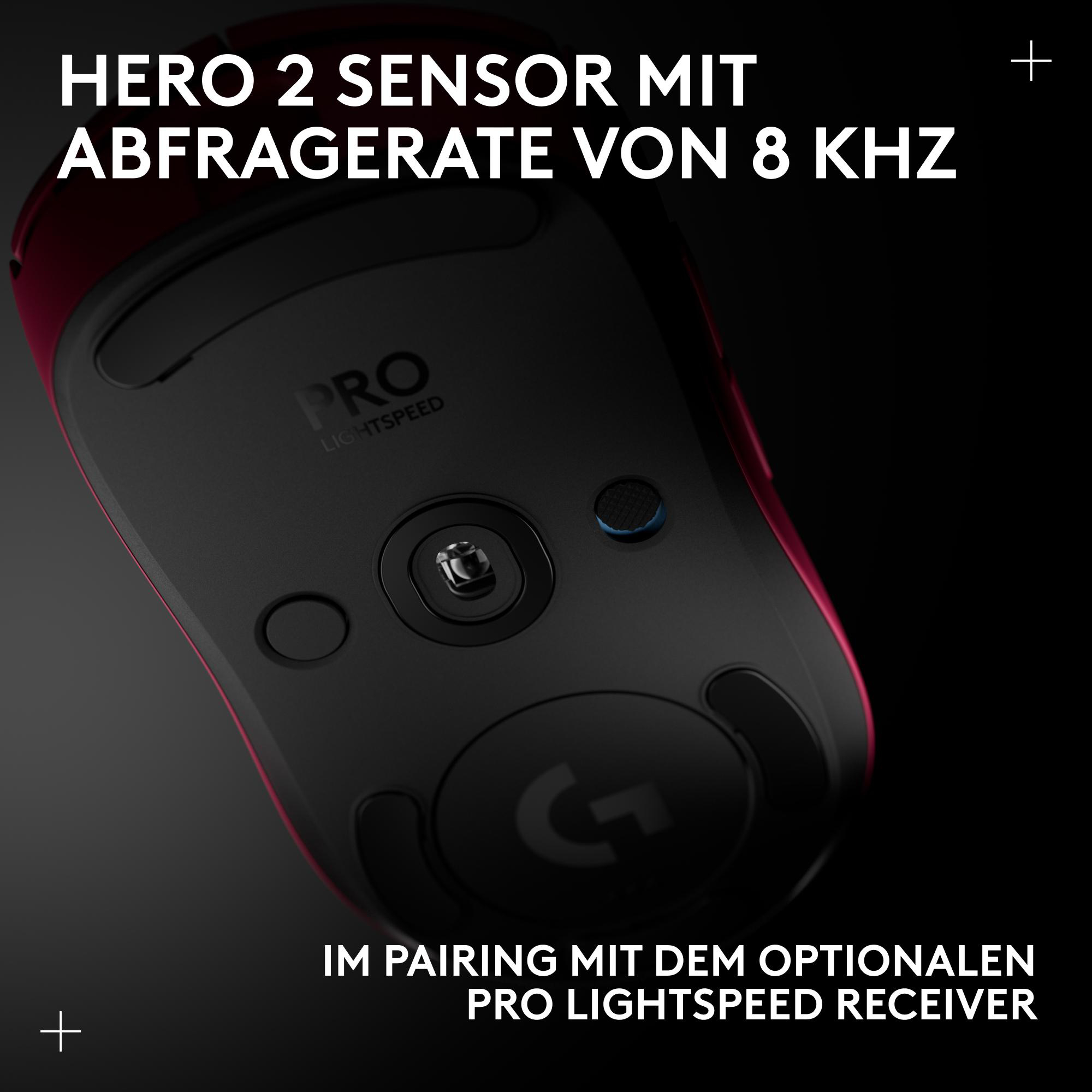 Schwarze und rote Gaming-Maus, HERO 2 Sensor, PRO LIGHTSPEED. Text: HERO 2 SENSOR MIT ABFRAGERATE VON 8 KHZ. Text: IM PAIRING...