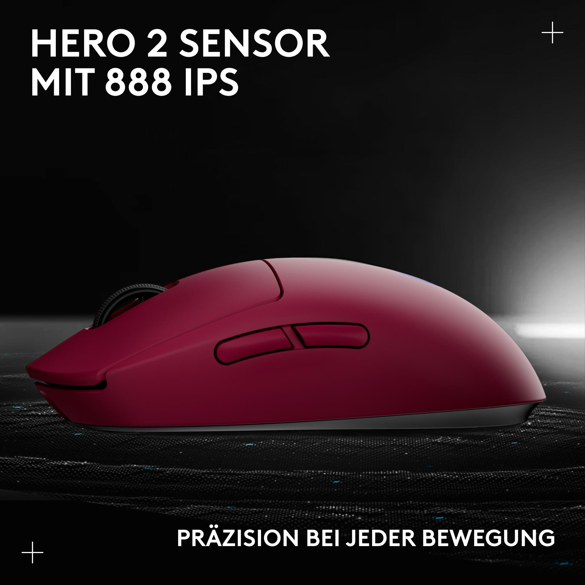 Eine weinrote Gaming-Maus. Der Text lautet HERO 2 SENSOR MIT 888 IPS und PRÄZISION BEI JEDER BEWEGUNG.