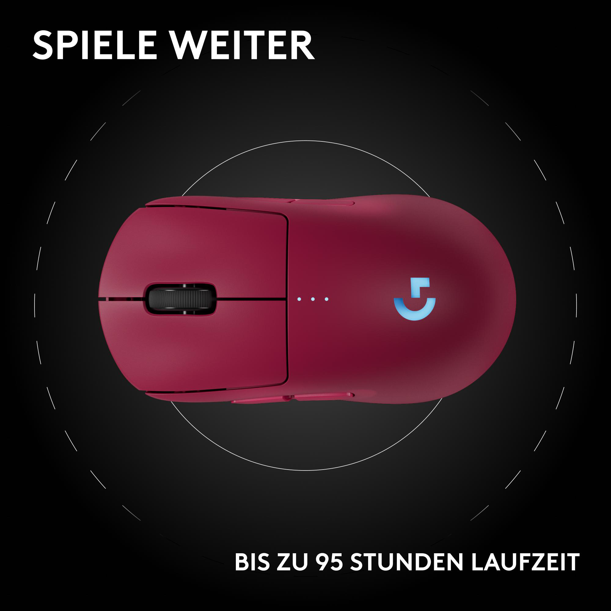 Eine weinrote Logitech-Maus auf schwarzem Grund. Die Maus hat ein Scrollrad und ein leuchtendes G-Logo. Text: 'Spiele weiter'.