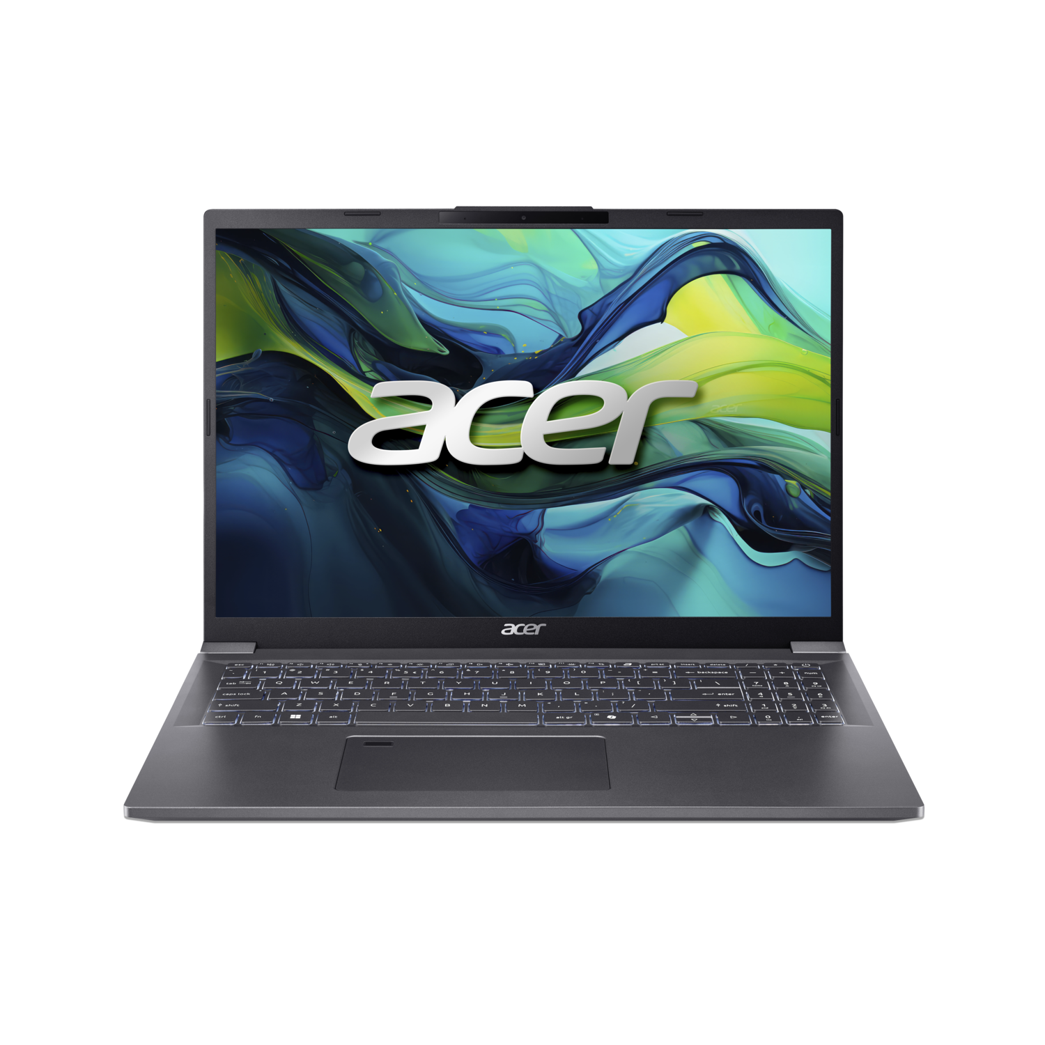 Ordinateur portable Acer sur fond noir. L'écran affiche le logo Acer et de l'art abstrait. Clavier visible. L'ordinateur est ouvert.