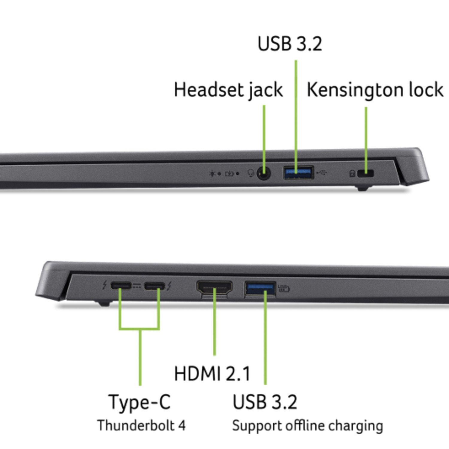 Vue latérale de l'ordinateur portable. Affiche les ports : USB 3.2, prise casque, verrou Kensington, HDMI 2.1, Type-C Thunderbolt 4. USB 3.2 prend en charge la charge hors ligne.