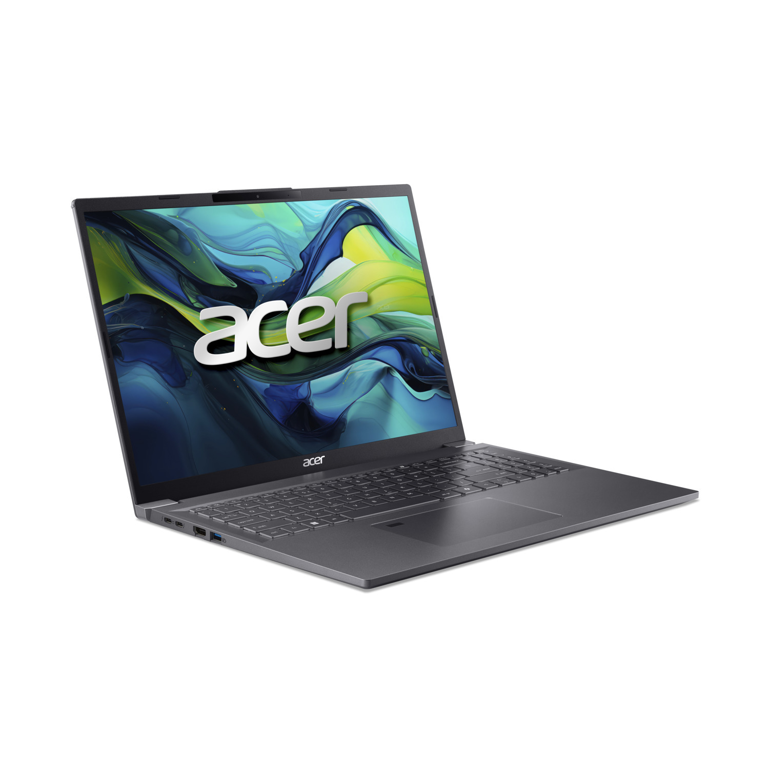 Un ordinateur portable Acer argenté est ouvert sur une surface blanche. L'écran affiche le logo Acer et une image abstraite colorée.