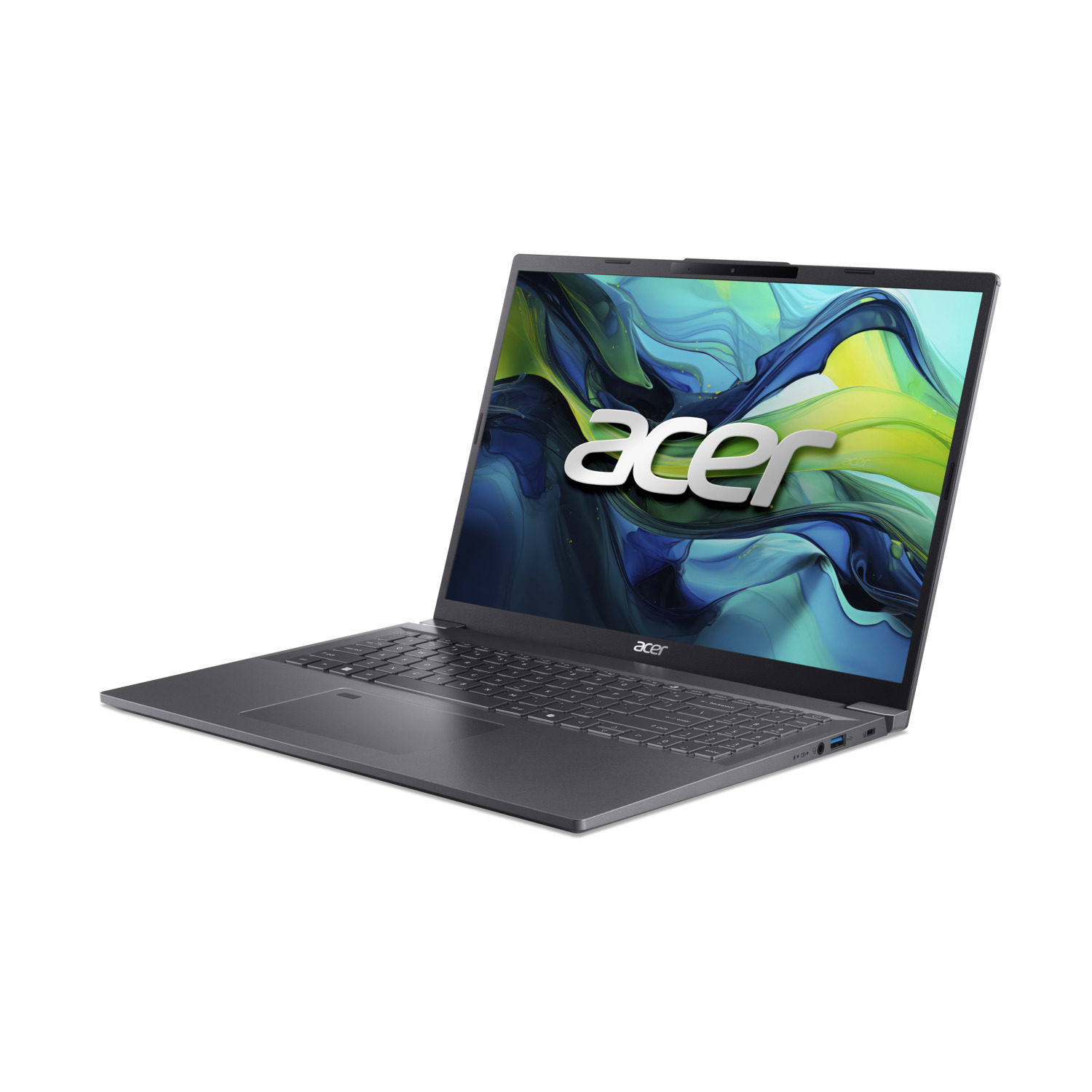 Un ordinateur portable Acer gris est ouvert sur une surface blanche. L'écran affiche le logo Acer et un design abstrait coloré.