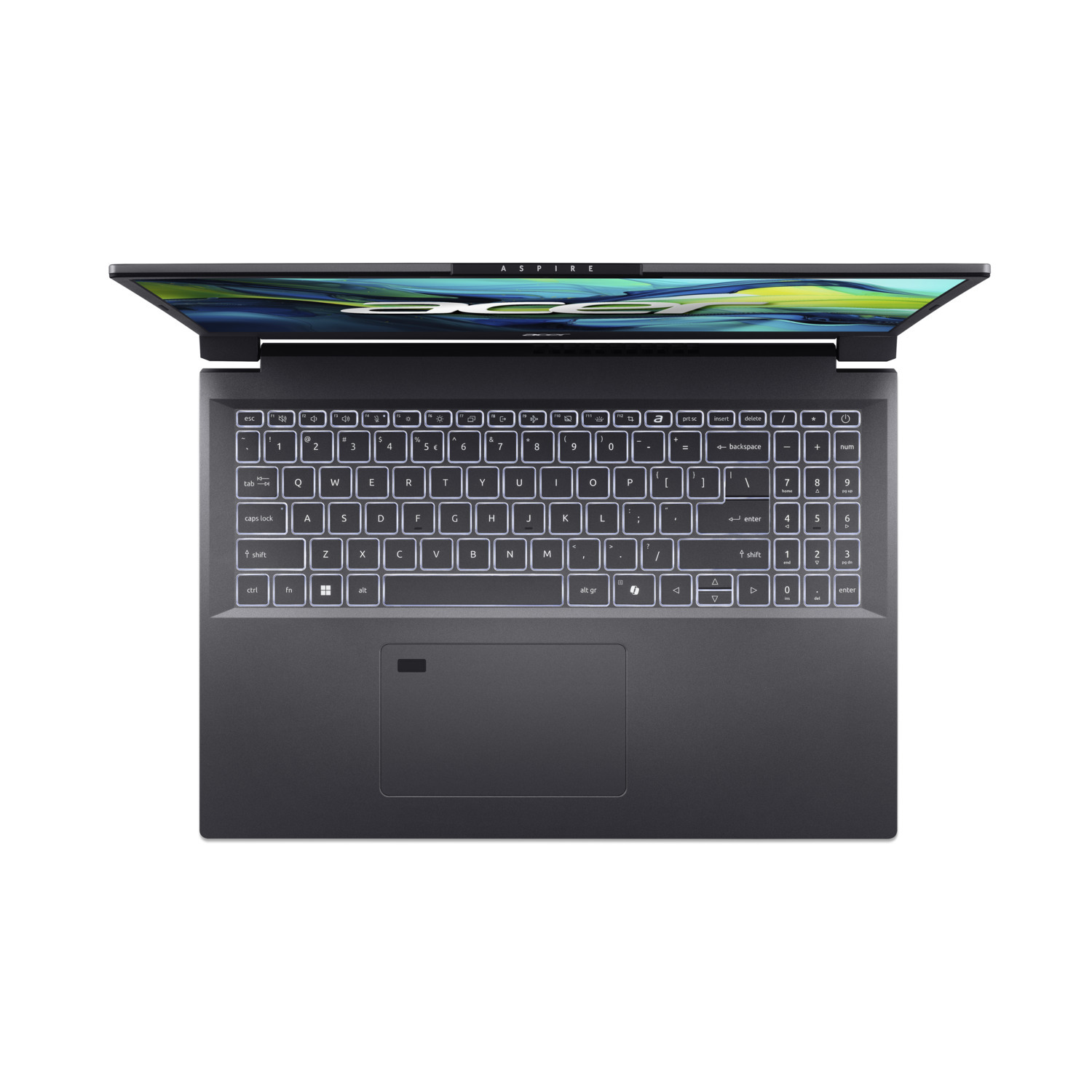 Vue de dessus d'un ordinateur portable gris avec un écran affichant une image colorée. Le clavier est éclairé.