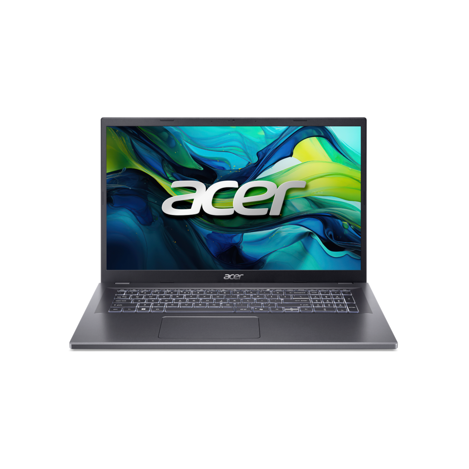 Een open Acer laptop op zwarte achtergrond. Het scherm toont het Acer logo. Toetsenbord en touchpad zijn zichtbaar.