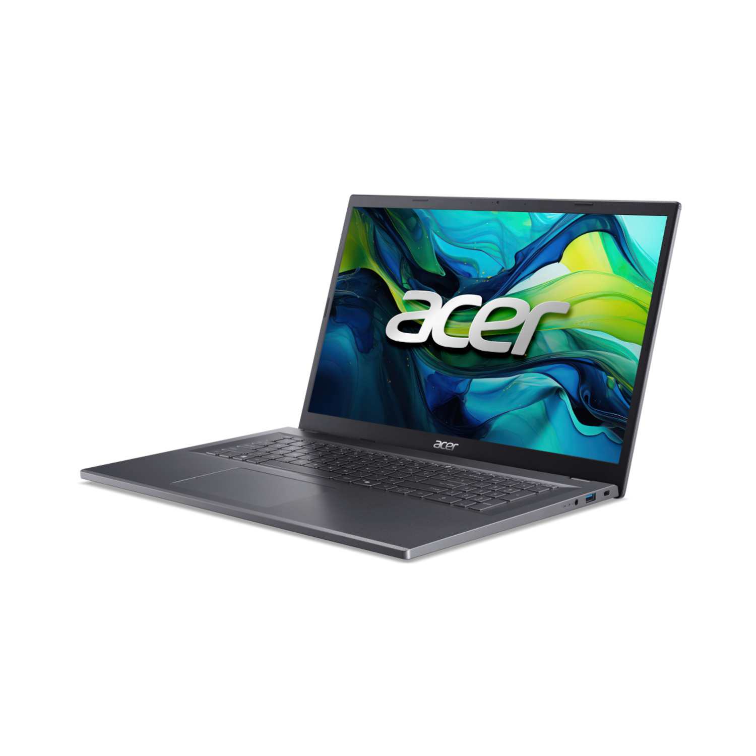 Een grijze Acer-laptop wordt in een hoek op een witte achtergrond weergegeven. Het scherm toont het Acer-logo. Het toetsenbord is zichtbaar.