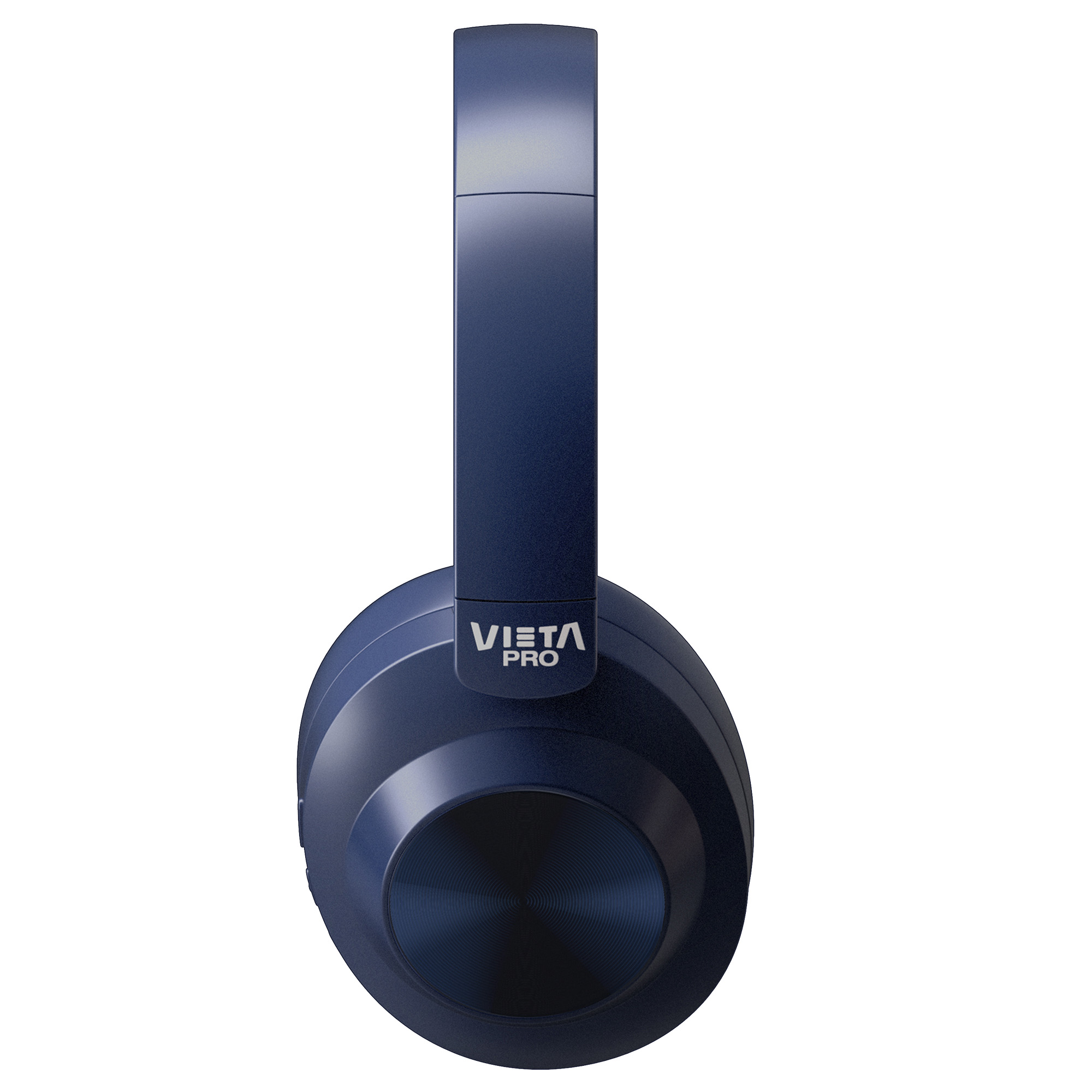 Unos auriculares azules Vista Pro, vistos desde el frente. Tiene una diadema y almohadillas acolchadas. El fondo es blanco.
