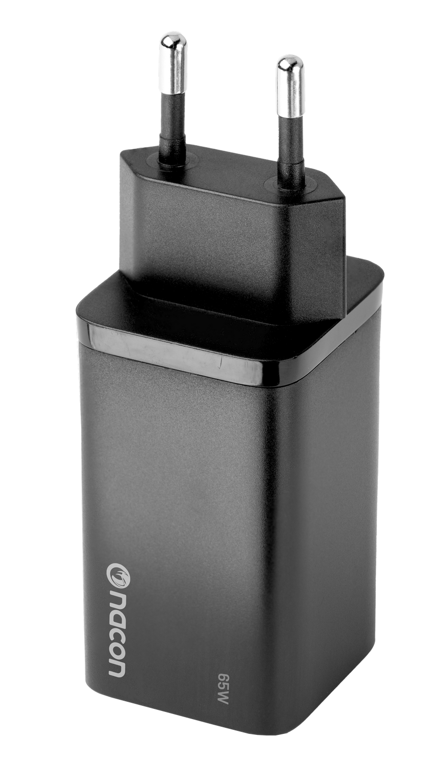 Un cargador negro Nacon 65W con dos clavijas plateadas sobre un fondo gris.