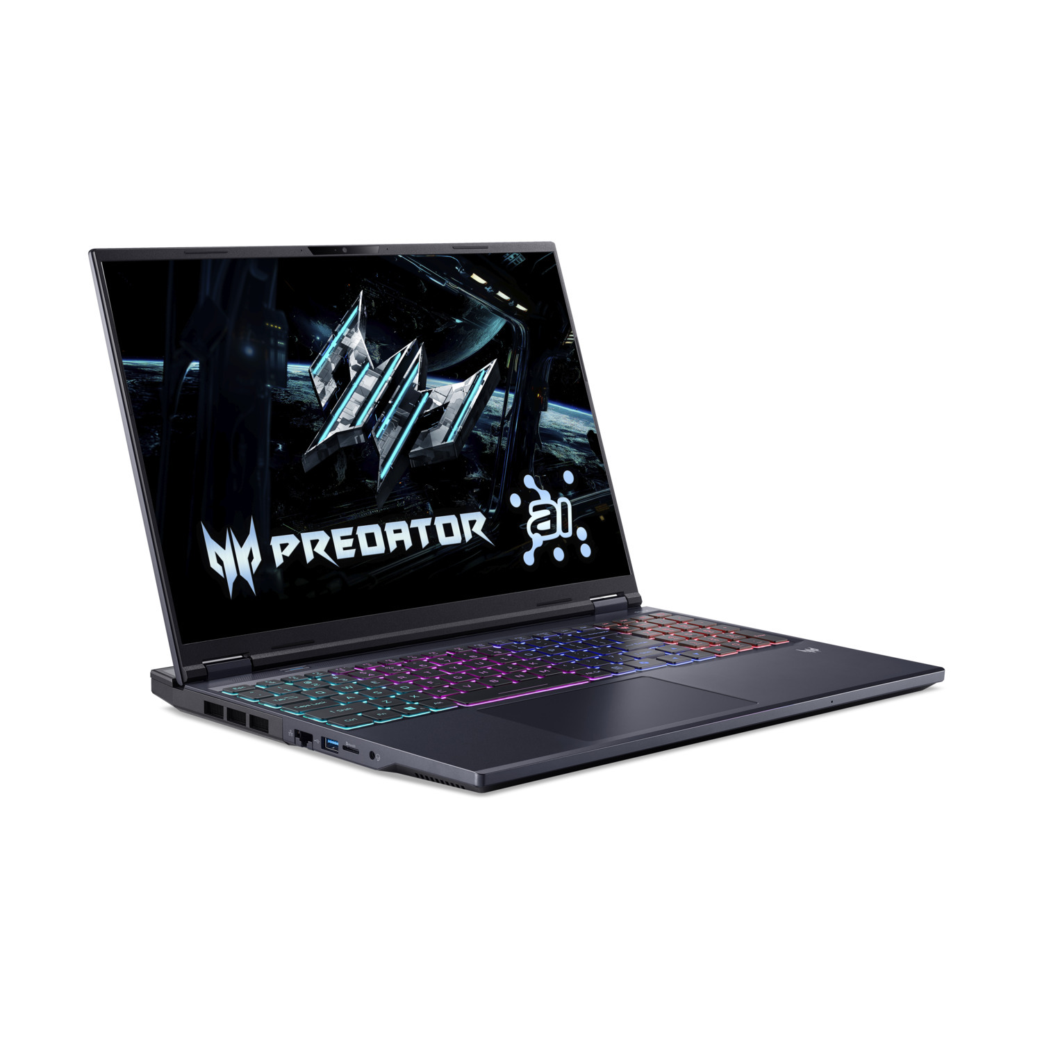 Un ordinateur portable Predator noir avec clavier éclairé est légèrement ouvert, affichant un logo. Fond blanc.