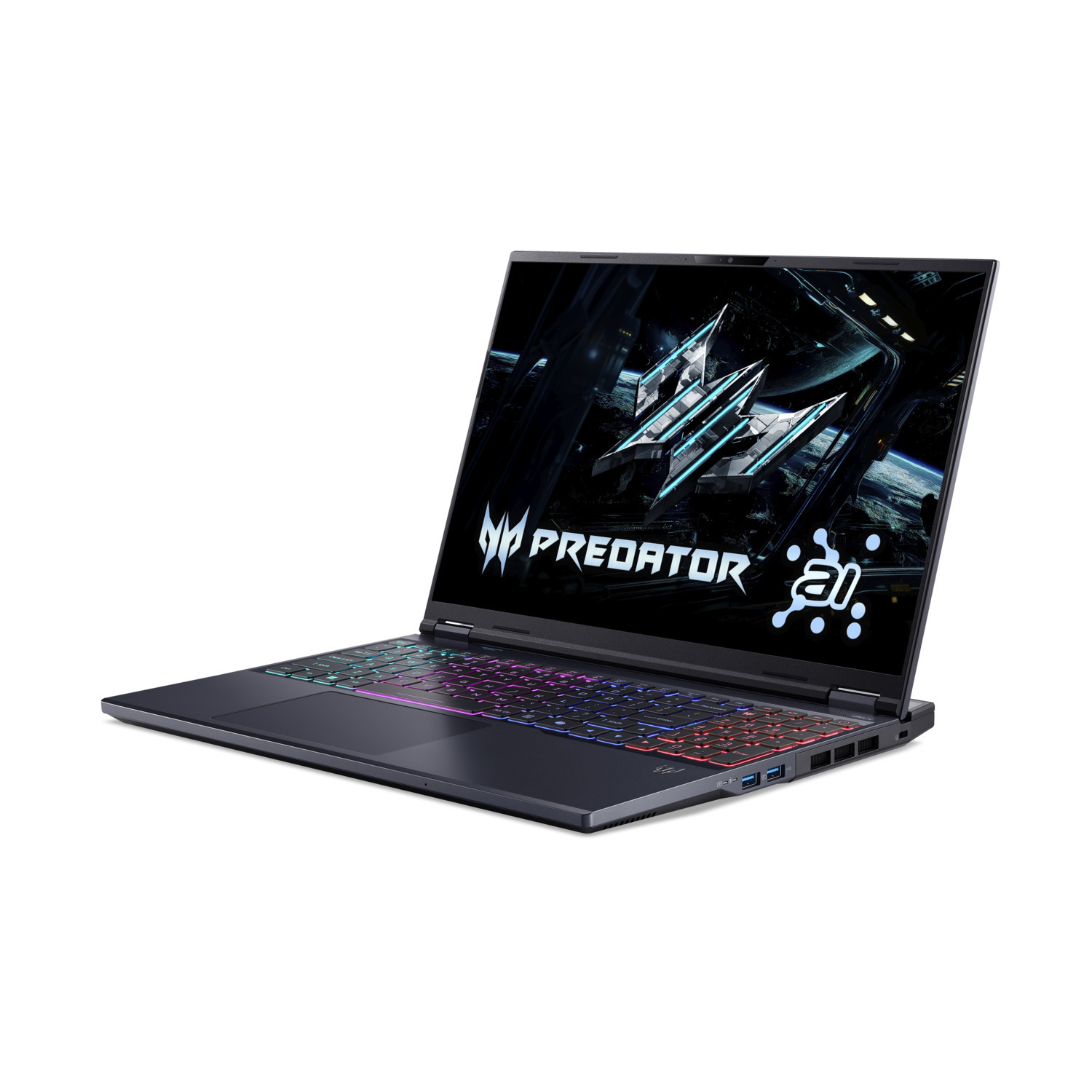 Un ordinateur portable Predator noir est incliné sur un fond blanc. L'écran affiche un logo. Le clavier est éclairé de plusieurs couleurs.