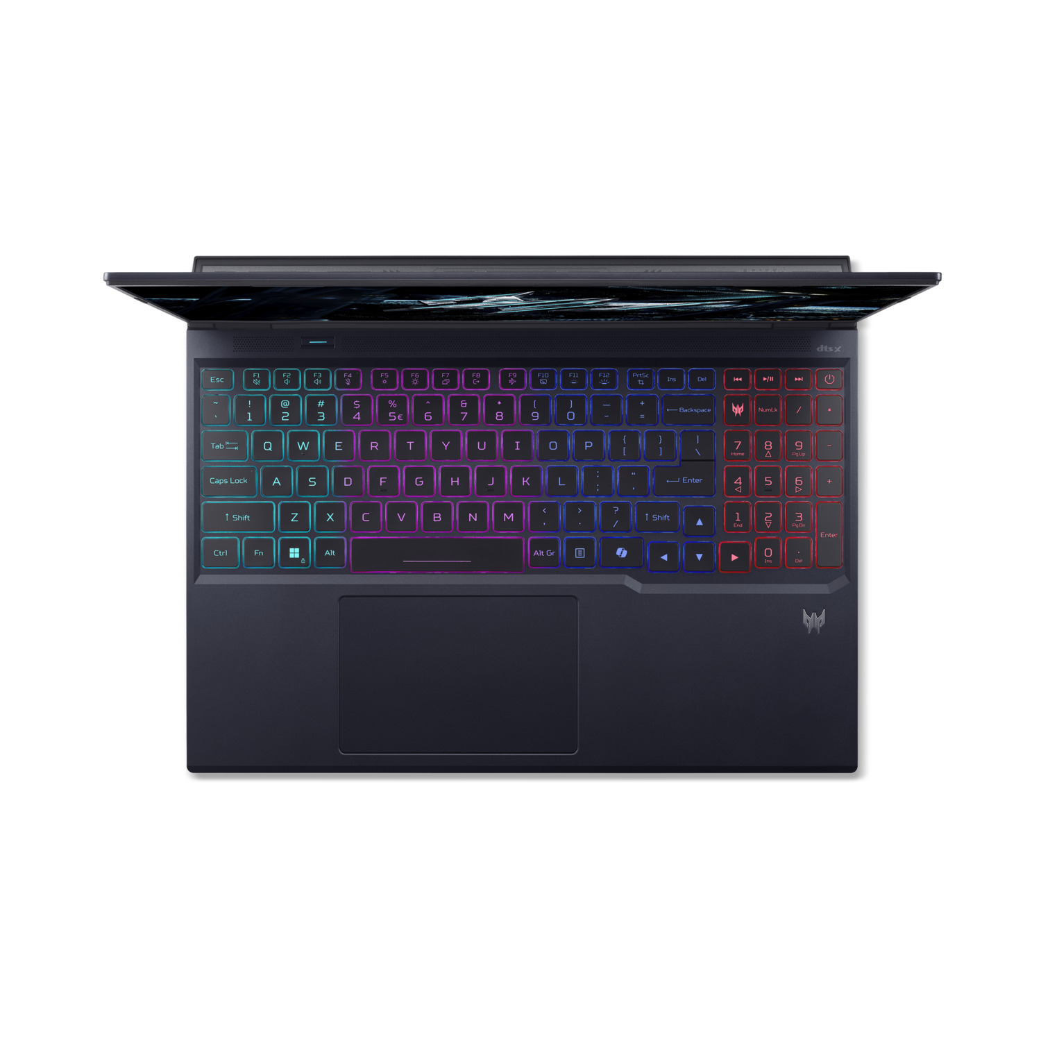 Vue de dessus d'un ordinateur portable noir avec clavier coloré, pavé tactile et écran ouvert. Logo Predator visible.
