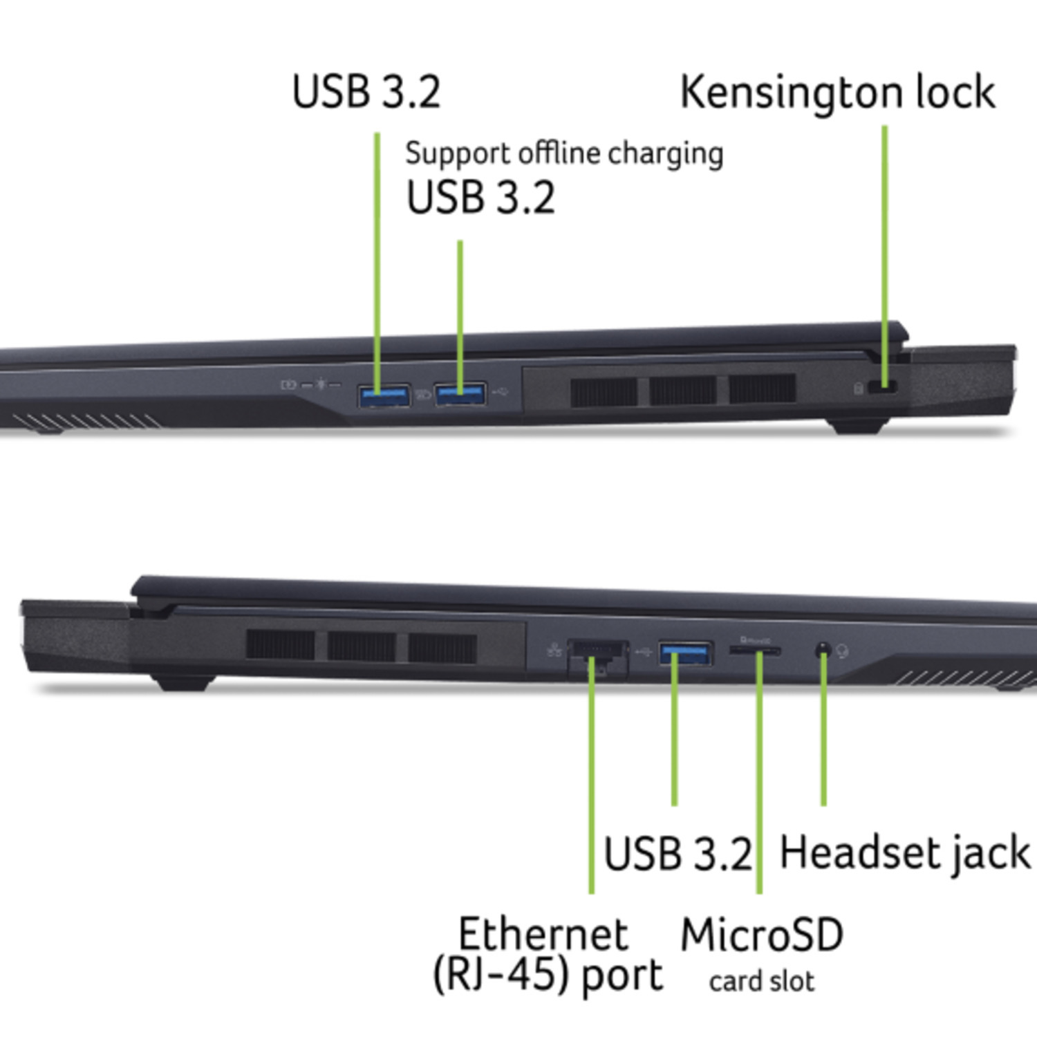Vue latérale d'un ordinateur portable montrant les ports USB, Ethernet et autres. Les étiquettes identifient le verrou Kensington, la prise casque, etc.