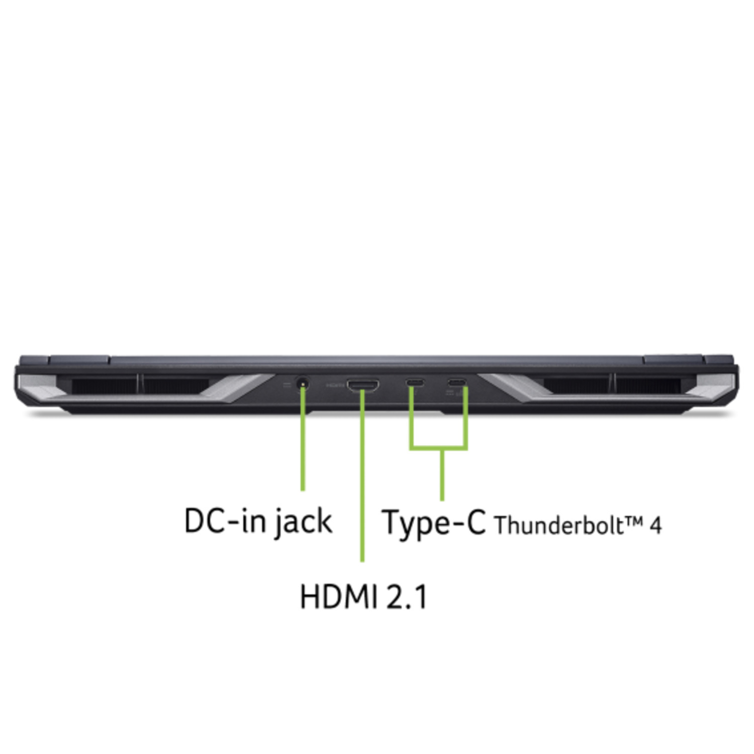 Vue latérale d'un ordinateur portable, montrant les ports : DC-in, HDMI 2.1 et Type-C Thunderbolt 4. Les étiquettes sont blanches sur fond noir.