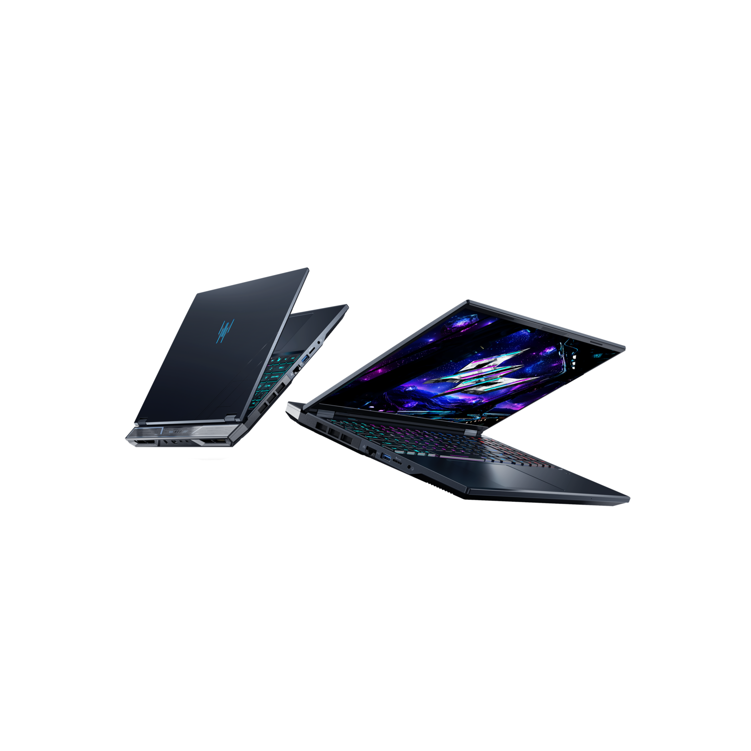 Deux ordinateurs portables noirs sur fond noir. L'un est fermé, l'autre ouvert montrant écran et clavier colorés.