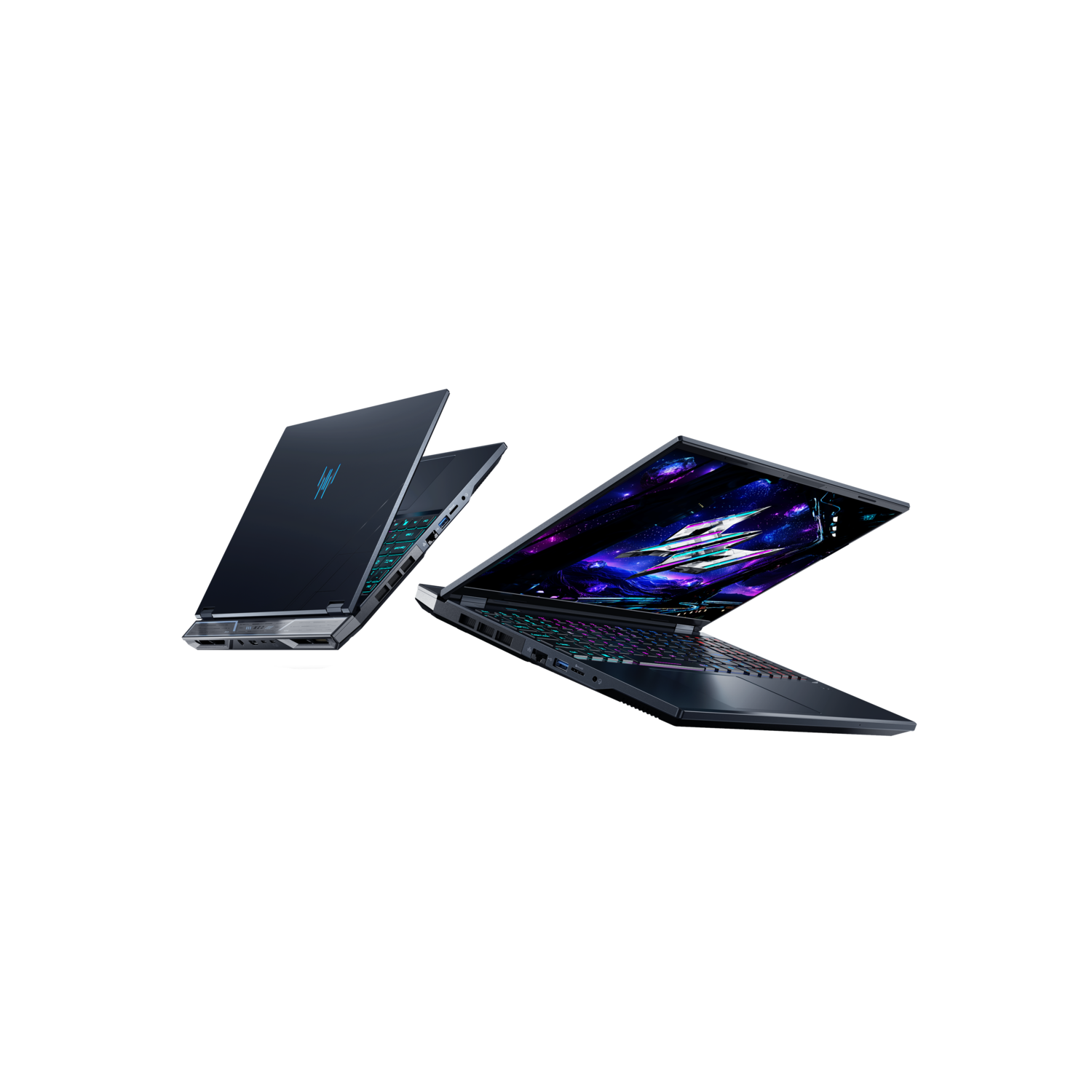 Two laptops on a black background. One is closed, the other open showing a colorful screen and keyboard.