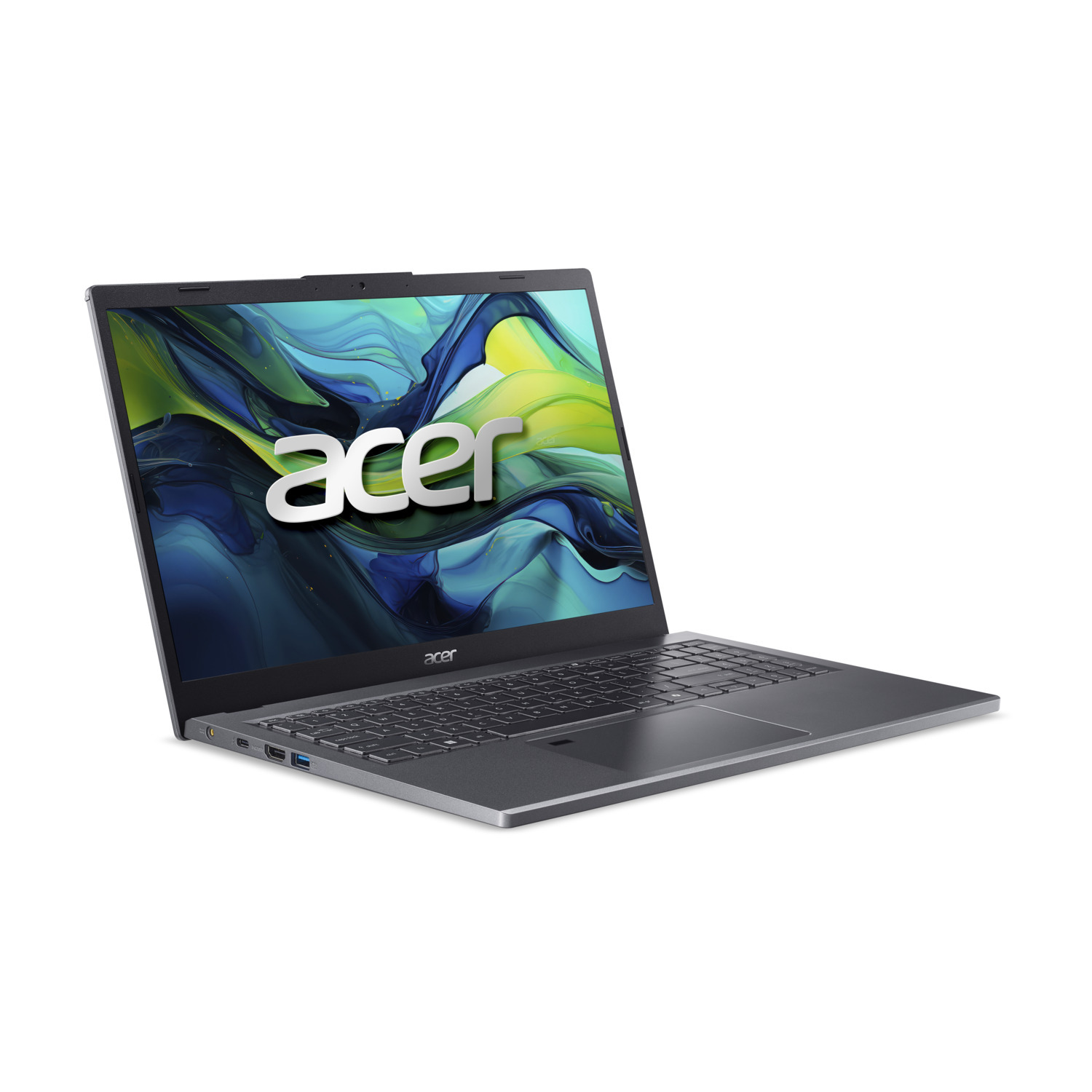 A silver Acer laptop is open and angled. The screen displays the Acer logo and a colorful abstract design. The background is white.