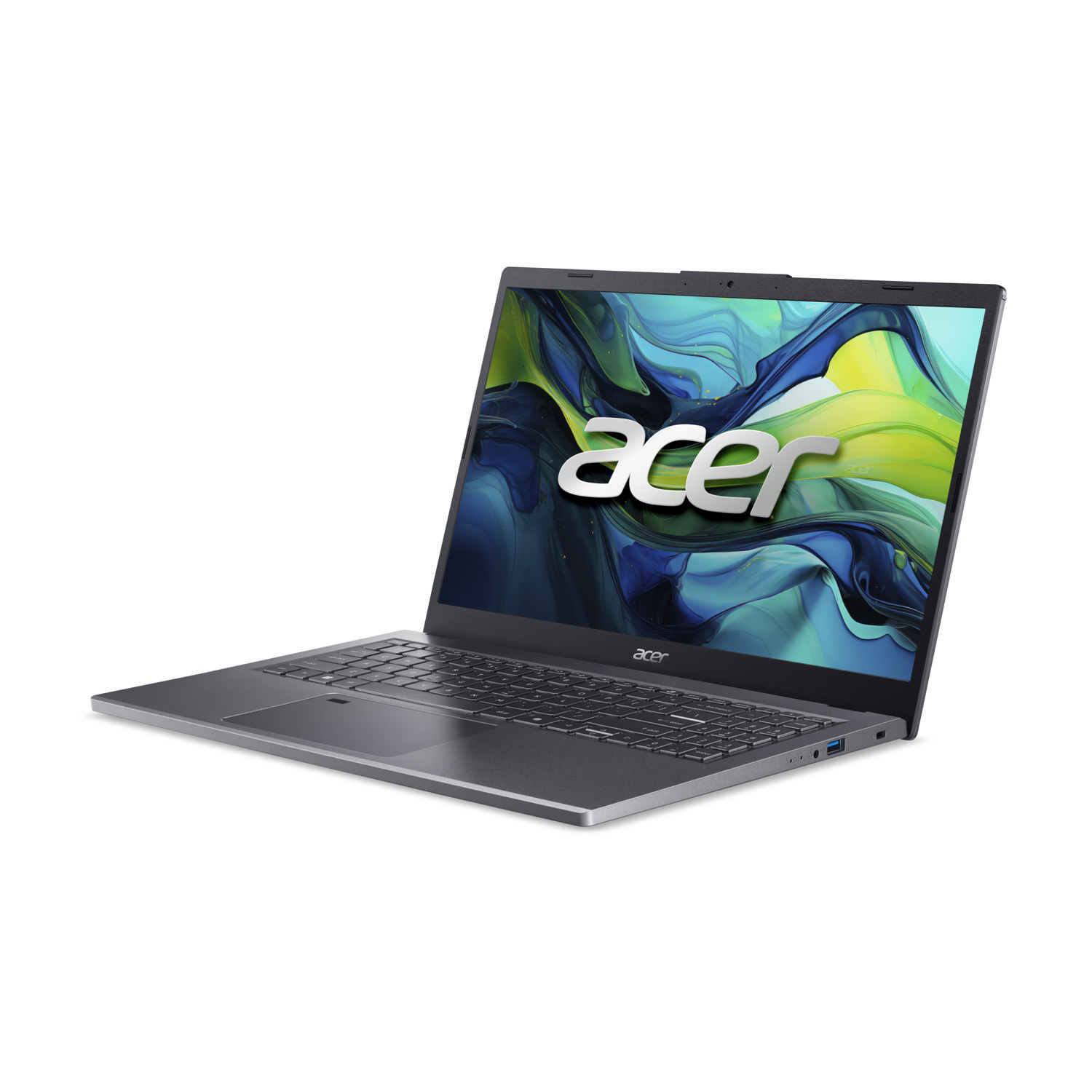 A silver Acer laptop is open on a white surface. The screen displays a colorful, abstract design. The Acer logo is visible.