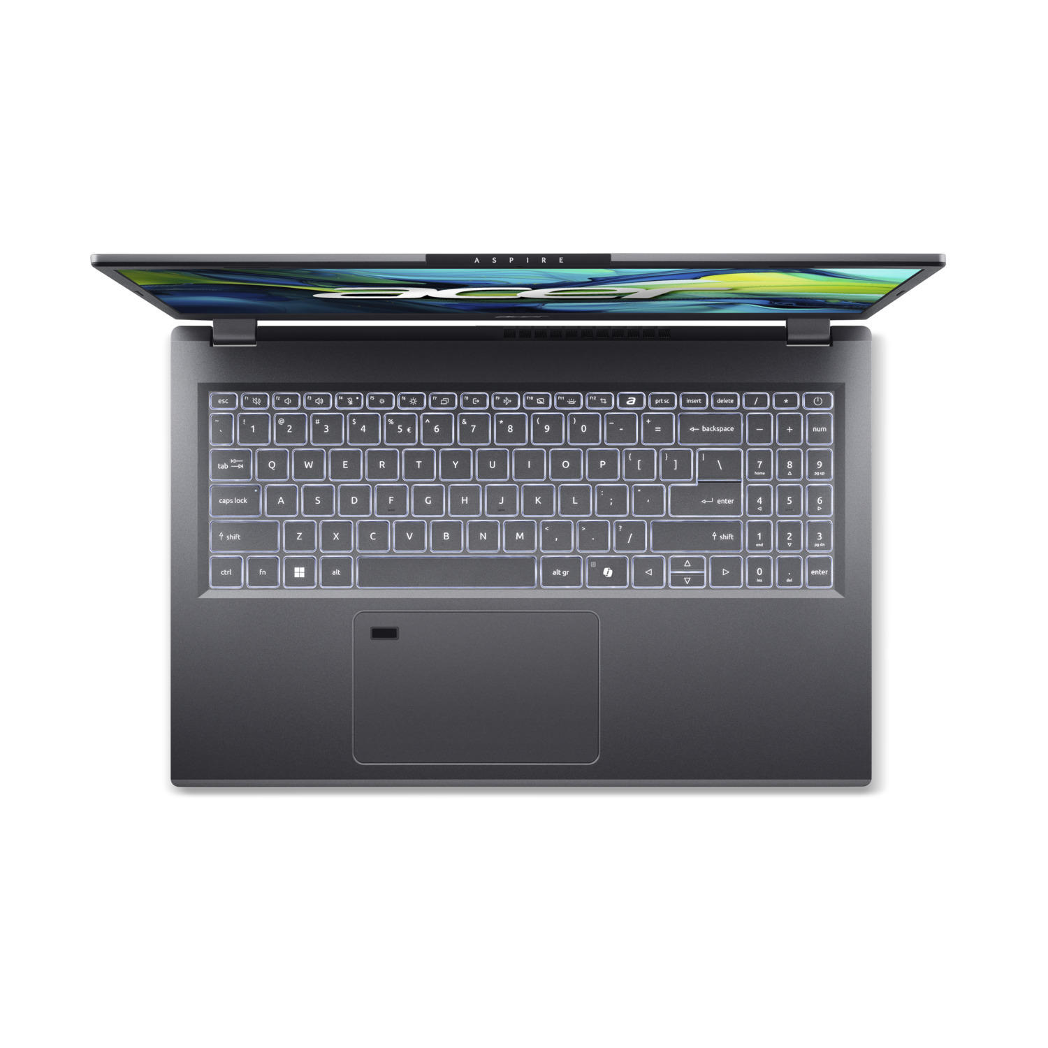 A top-down view of a laptop. The screen is open, displaying a colorful image. The keyboard is visible with illuminated keys.