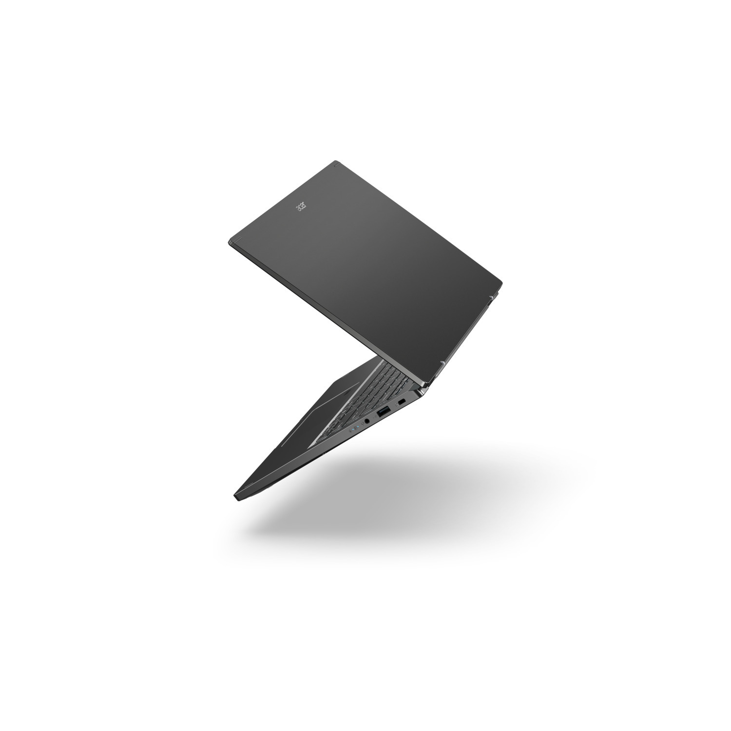A black laptop, slightly open, floating against a white background. The Acer logo is visible on the top of the laptop.