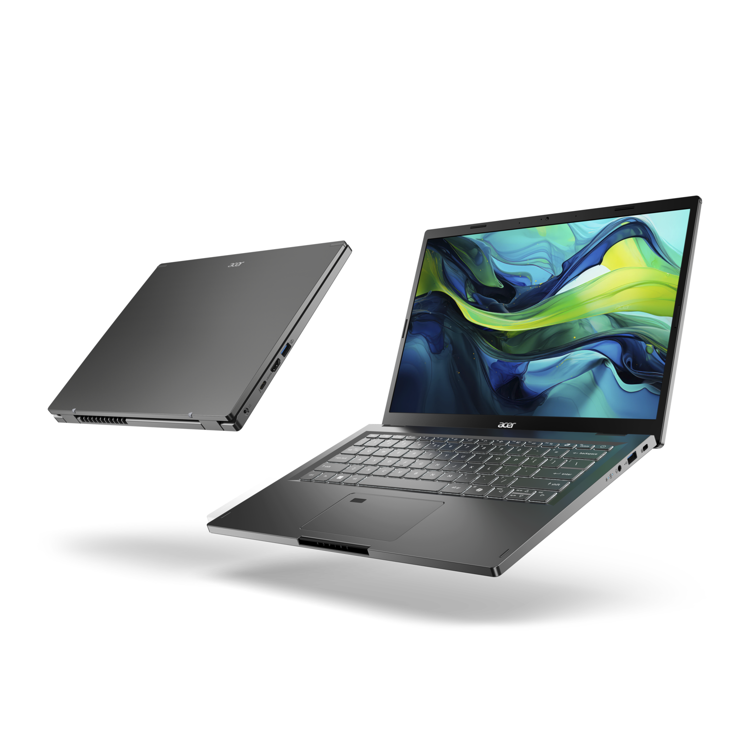 Two Acer laptops are on a black background. One is closed, the other open, displaying a colorful screen.