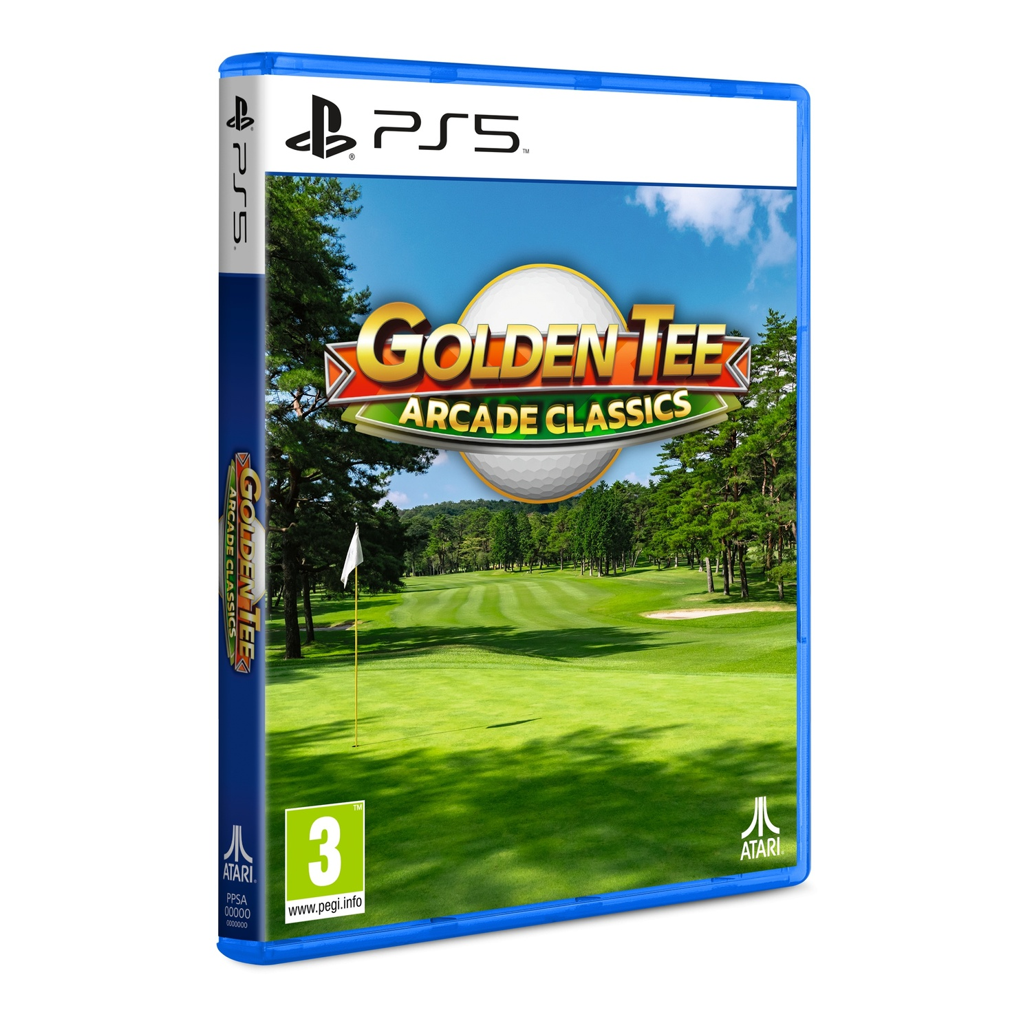 Een PS5-gamecase toont een golfbaan, de titel is Golden Tee Arcade Classics. Groen gras, blauwe lucht en een witte golfbal zijn zichtbaar.