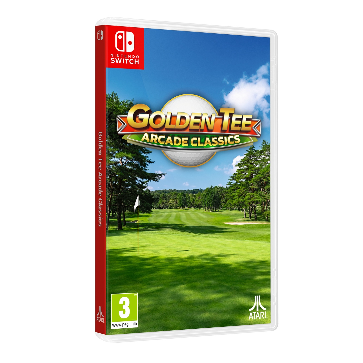 Spelcase voor Golden Tee Arcade Classics. Toont golfbaan afbeelding. Nintendo Switch logo. Atari logo. PEGI 3 rating. Blauwe lucht met wolken.