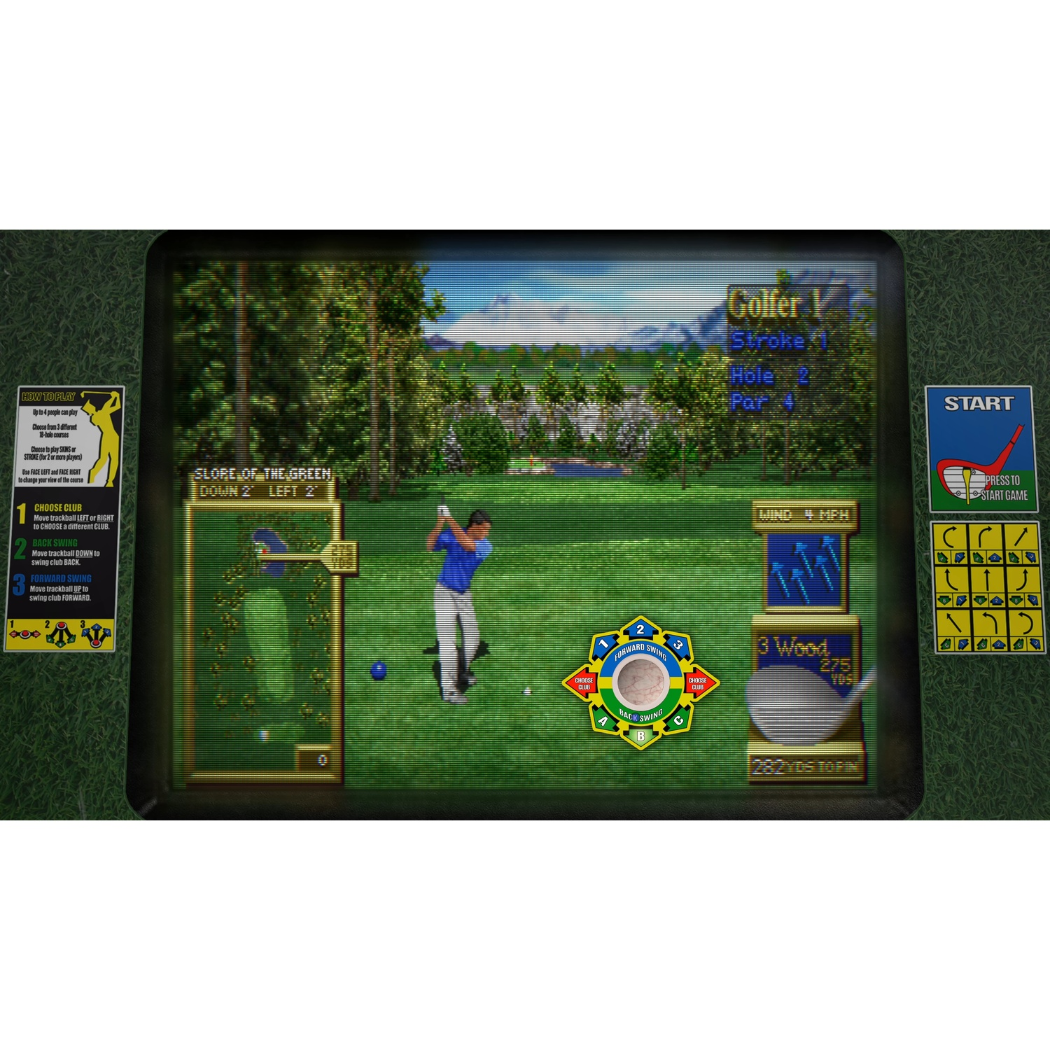 Een golfvideogamescherm toont een golfer in volle swing, met spelbesturing en een baanweergave. Groen gras en bomen zijn zichtbaar.