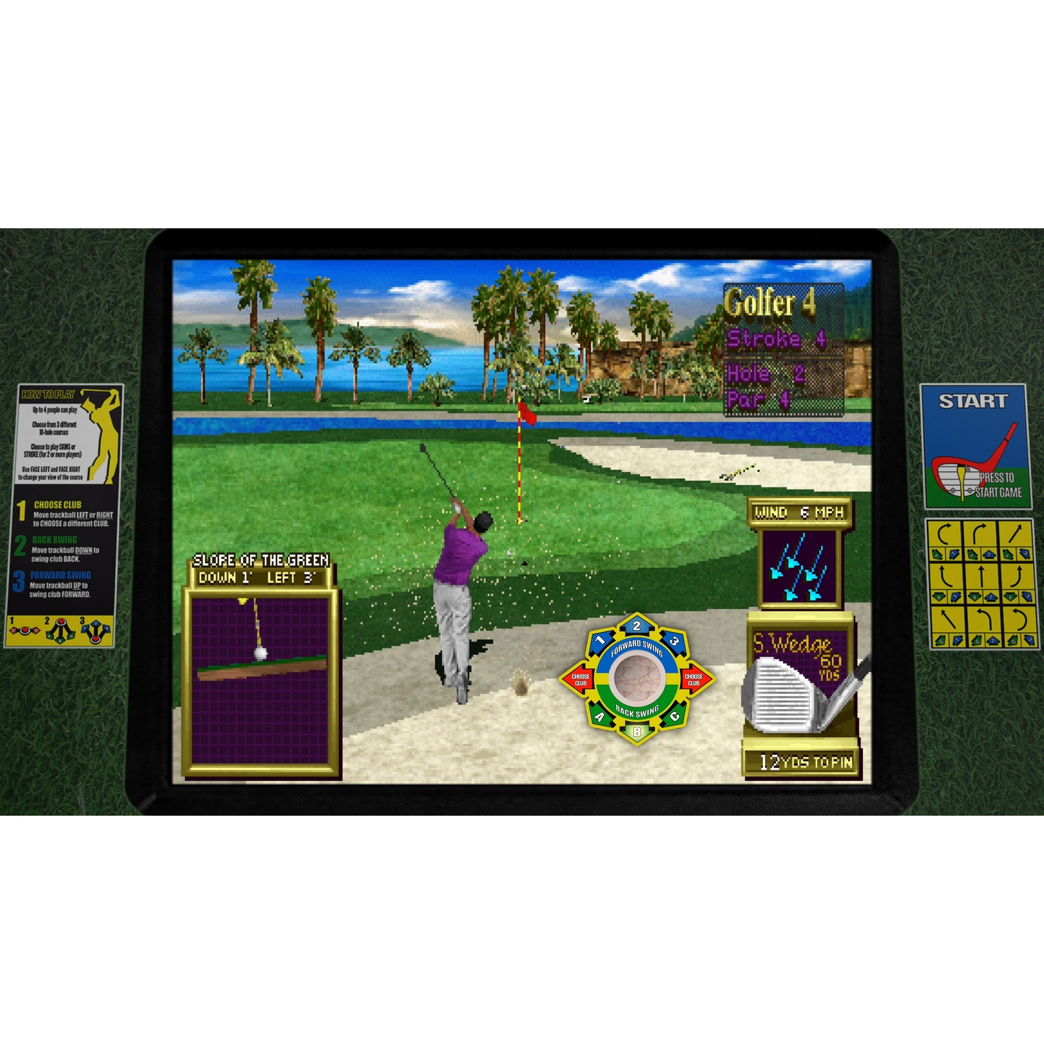 Een golfgamescherm toont een golfer in volle swing. De scène bevat een green, water, palmbomen en game-interface-elementen.