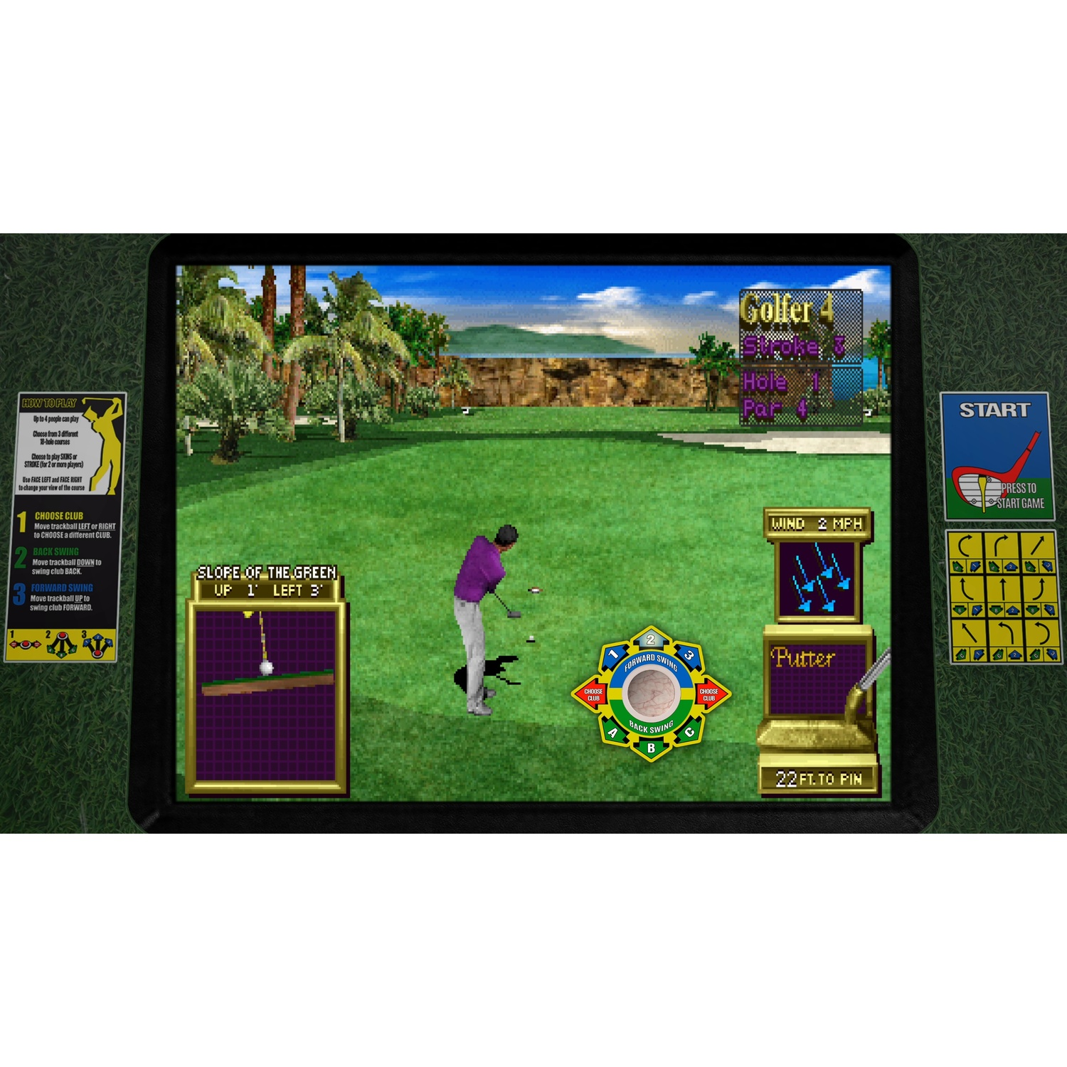 Screenshot van een golfvideogame. Een golfer in paars zwaait. Het scherm toont de baan, de wind en de spelbesturing.