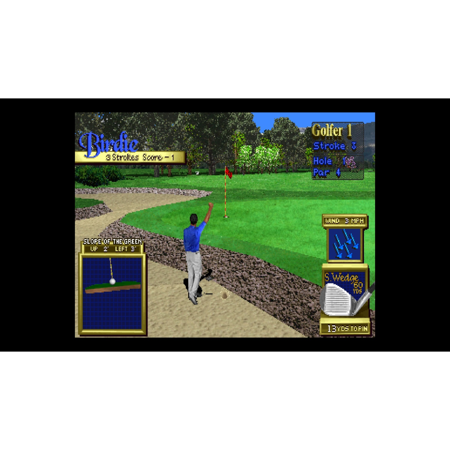 Een golfer in blauw shirt steekt zijn arm op een golfbaan op. De game-interface toont slag, hole, wind en een clubselectie.