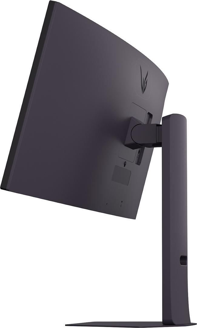 Ein dunkelgrauer, gebogener Computermonitor ist abgewinkelt. Der Ständer ist eine Säule. Die Rückseite zeigt Anschlüsse und ein Logo.