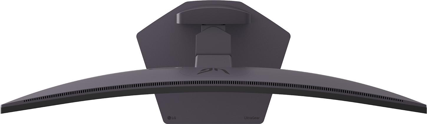 Ansicht eines dunkelgrauen, gebogenen Monitors. Er hat einen Ständer, Luftschlitze und die Logos von LG und UltraGear.