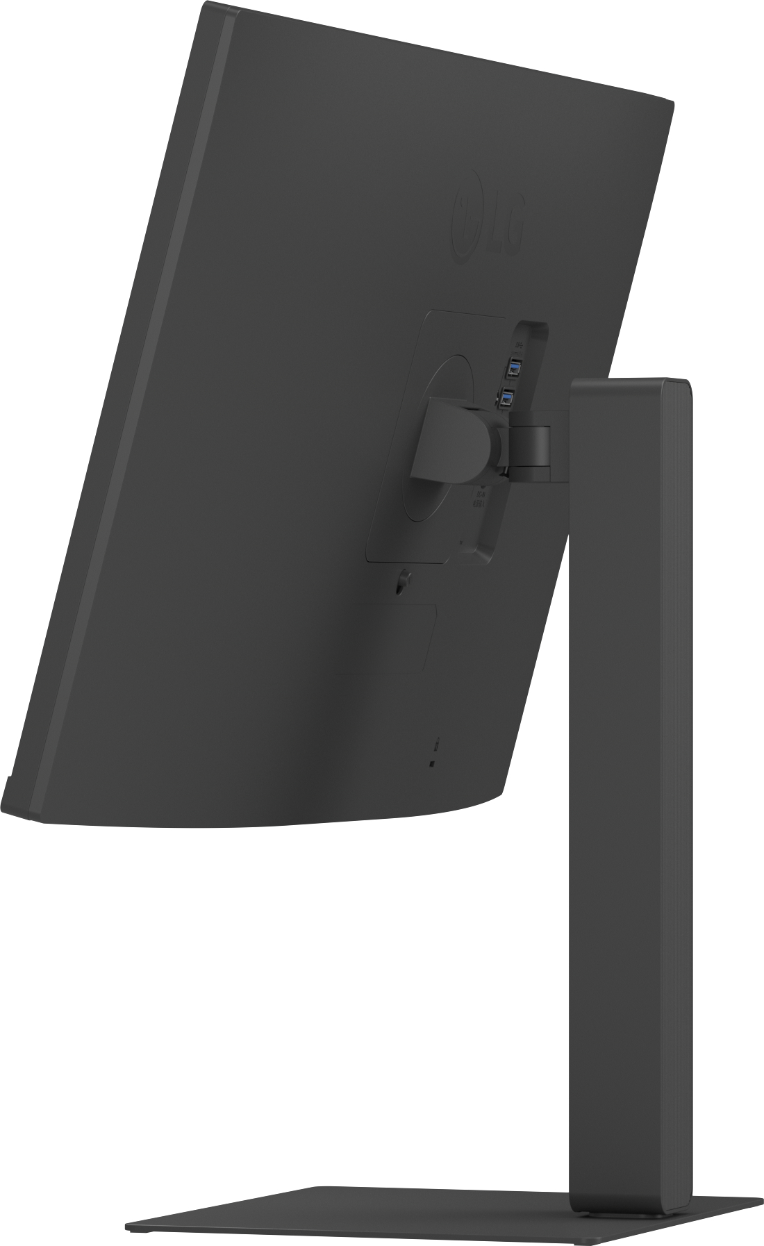 Ein schwarzer Computermonitor von hinten. Er hat das LG-Logo und Anschlüsse für USB und andere Stecker.