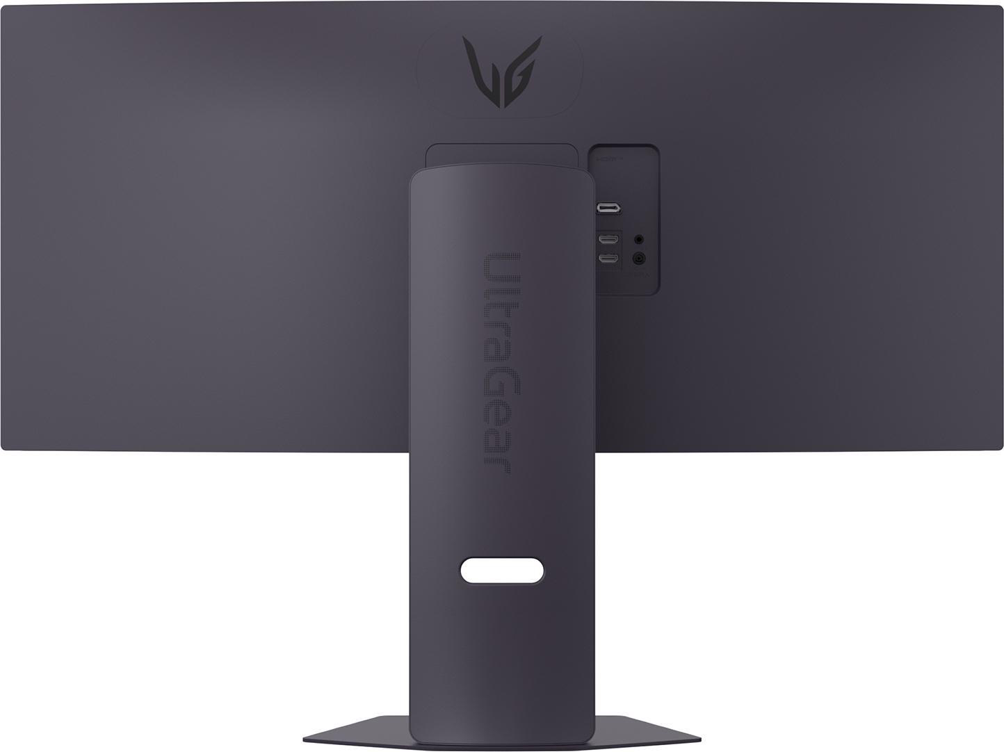Dunkelgraue Monitorrückseite. LG Ultragear Logo. Anschlüsse und Ständer sichtbar. Schlankes Design mit minimalistischer Ästhetik.