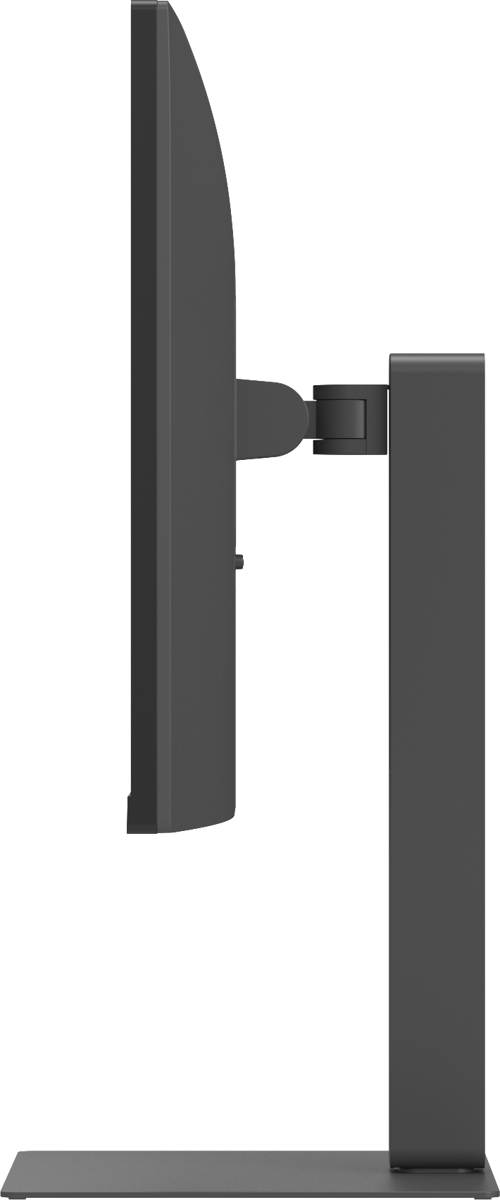 Ein dunkelgrauer Computermonitor ist auf einem Ständer montiert. Der Bildschirm ist vom Betrachter abgewandt. Der Ständer hat eine Basis und einen vertikalen Pfosten.