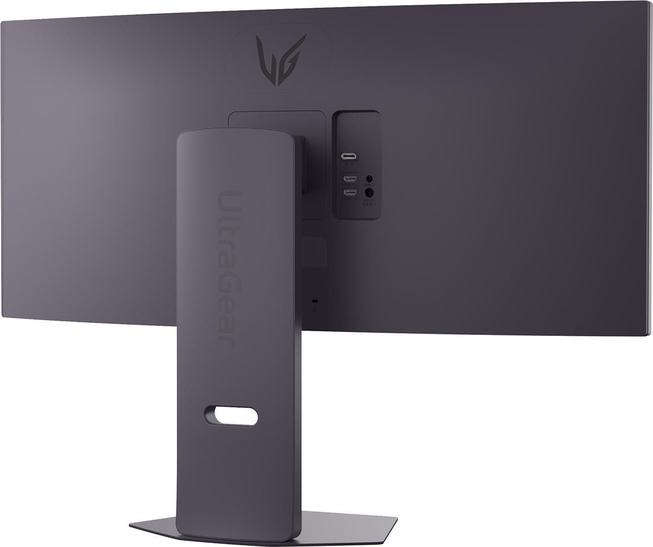 Rückseite eines dunkelgrauen LG UltraGear Monitors. Anschlüsse und Ständer sind sichtbar. Das UltraGear-Logo ist auf dem Ständer.