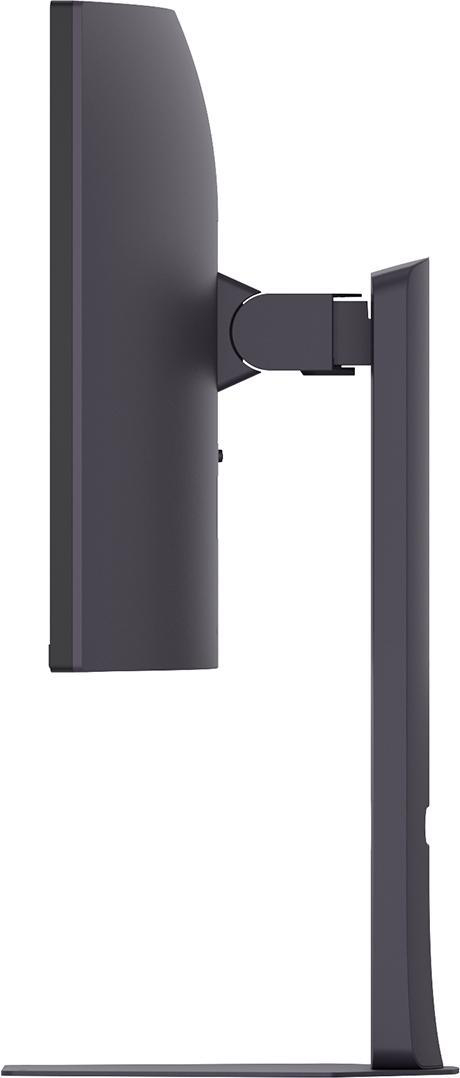Seitenansicht eines dunkelgrauen Computermonitors. Er ist mit einem Ständer und einem Sockel verbunden, alles in der gleichen Farbe.