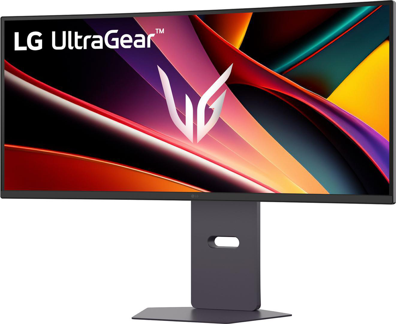 Ein LG UltraGear Monitor zeigt ein farbenfrohes abstraktes Design. Er steht auf einem dunklen Ständer. Das LG-Logo ist sichtbar.