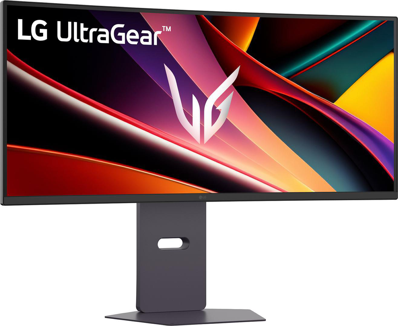 LG UltraGear Monitor. Der Bildschirm zeigt ein farbenfrohes, abstraktes Design. Der Monitor steht auf einem dunkelgrauen Ständer.