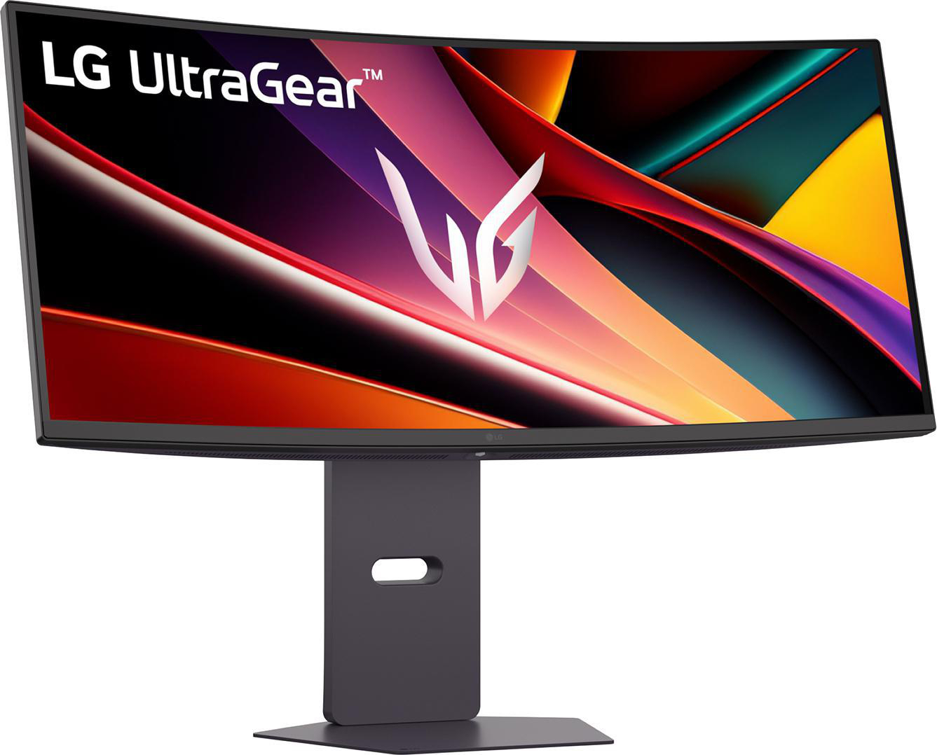 Gebogener LG UltraGear Monitor. Display zeigt abstraktes, farbenfrohes Artwork. Schwarzer Ständer stützt den Bildschirm.