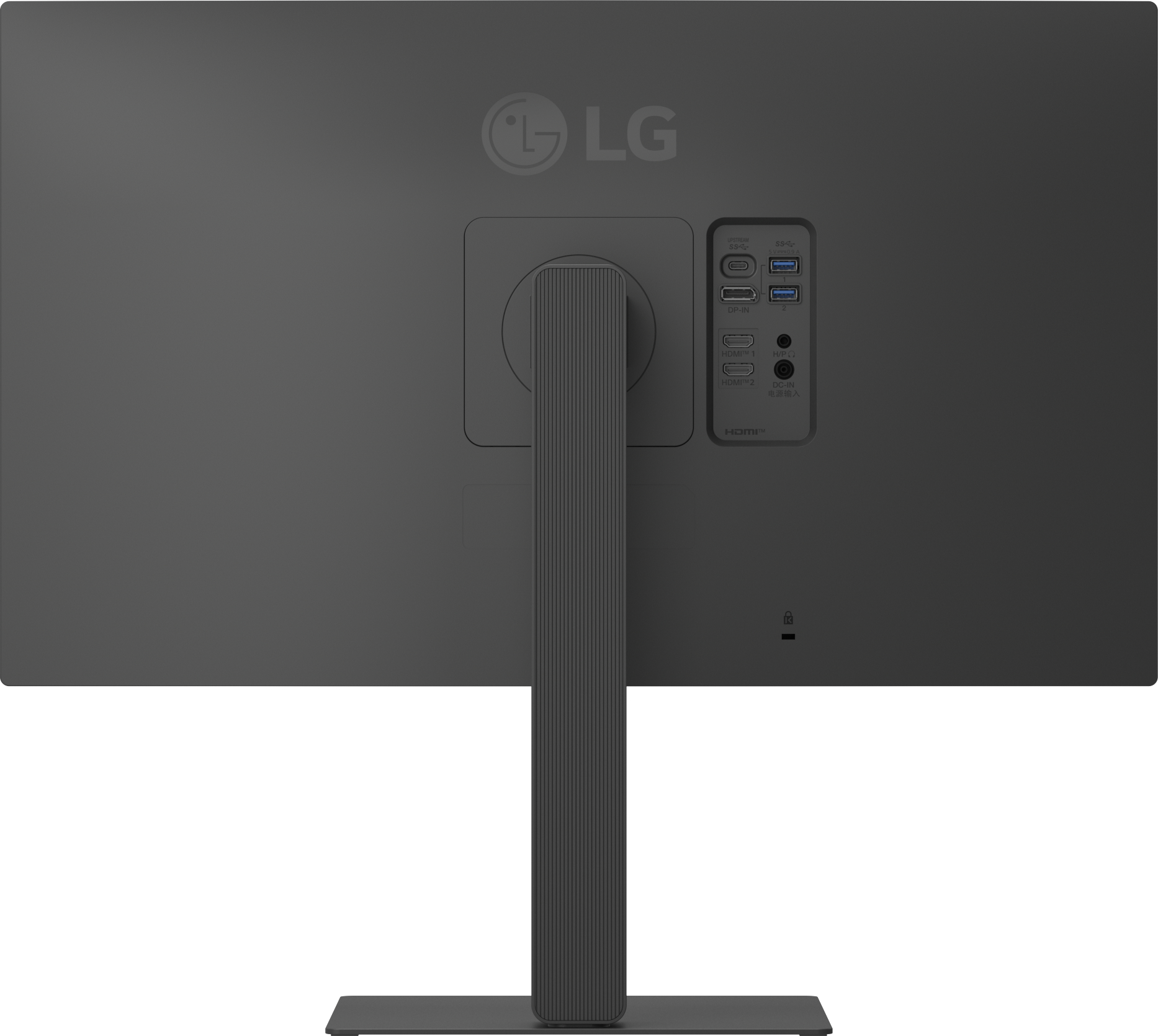 Rückansicht eines grauen LG-Monitors. Anschlüsse, Ständer und das LG-Logo sind sichtbar. Der Monitor steht auf weißem Hintergrund.