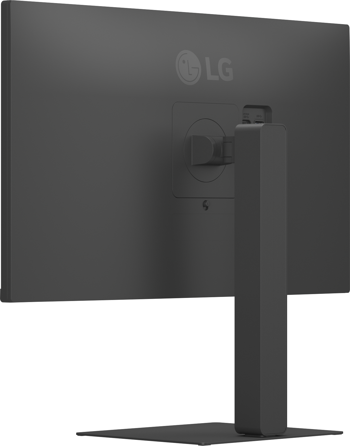 Rückseite eines schwarzen LG-Monitors. Er hat einen Standfuß, Anschlüsse und das LG-Logo. Der Ständer ist quadratisch.